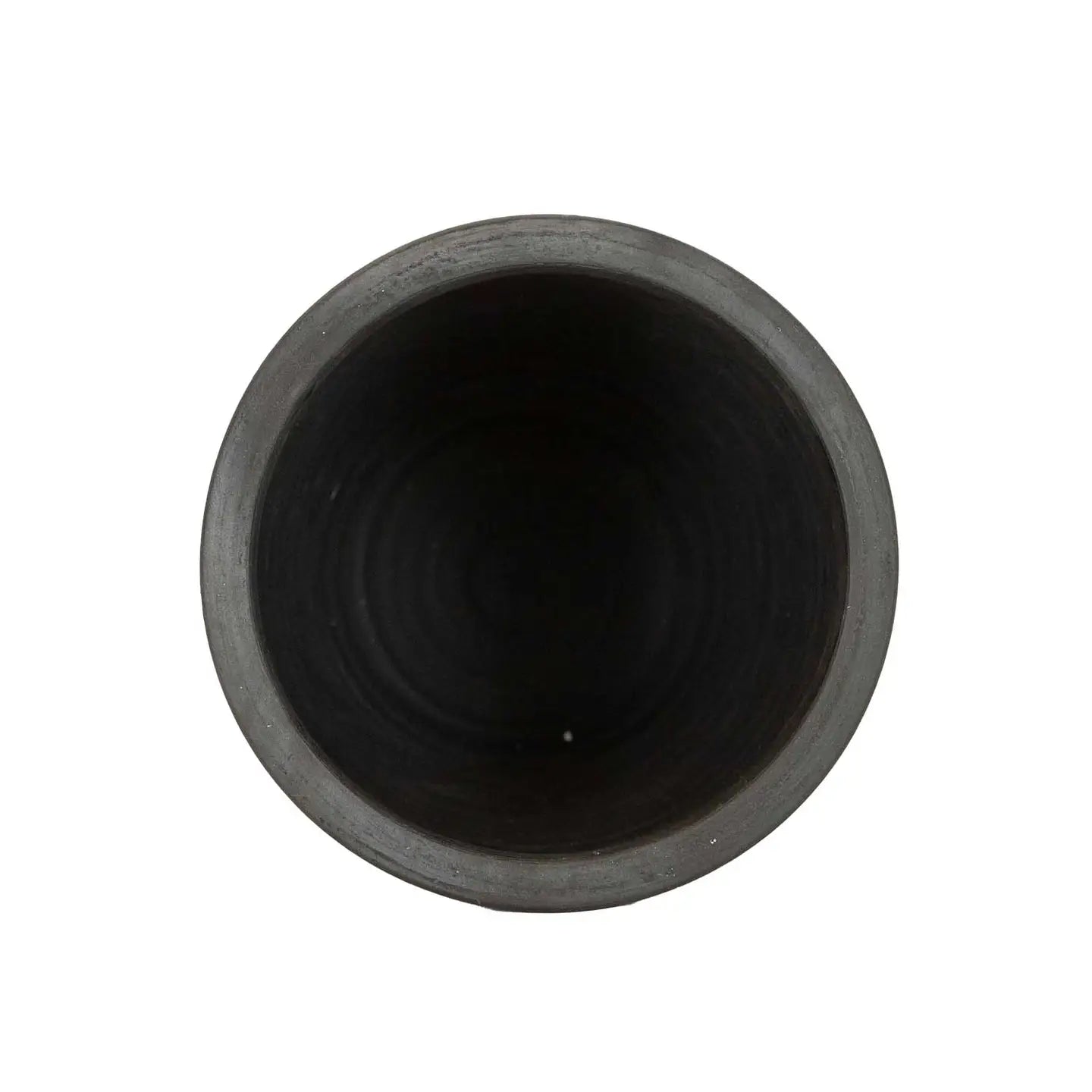 A top-down view of the round, dark-colored Lachlan Vase by Faire with smooth sides, centered on a white background.