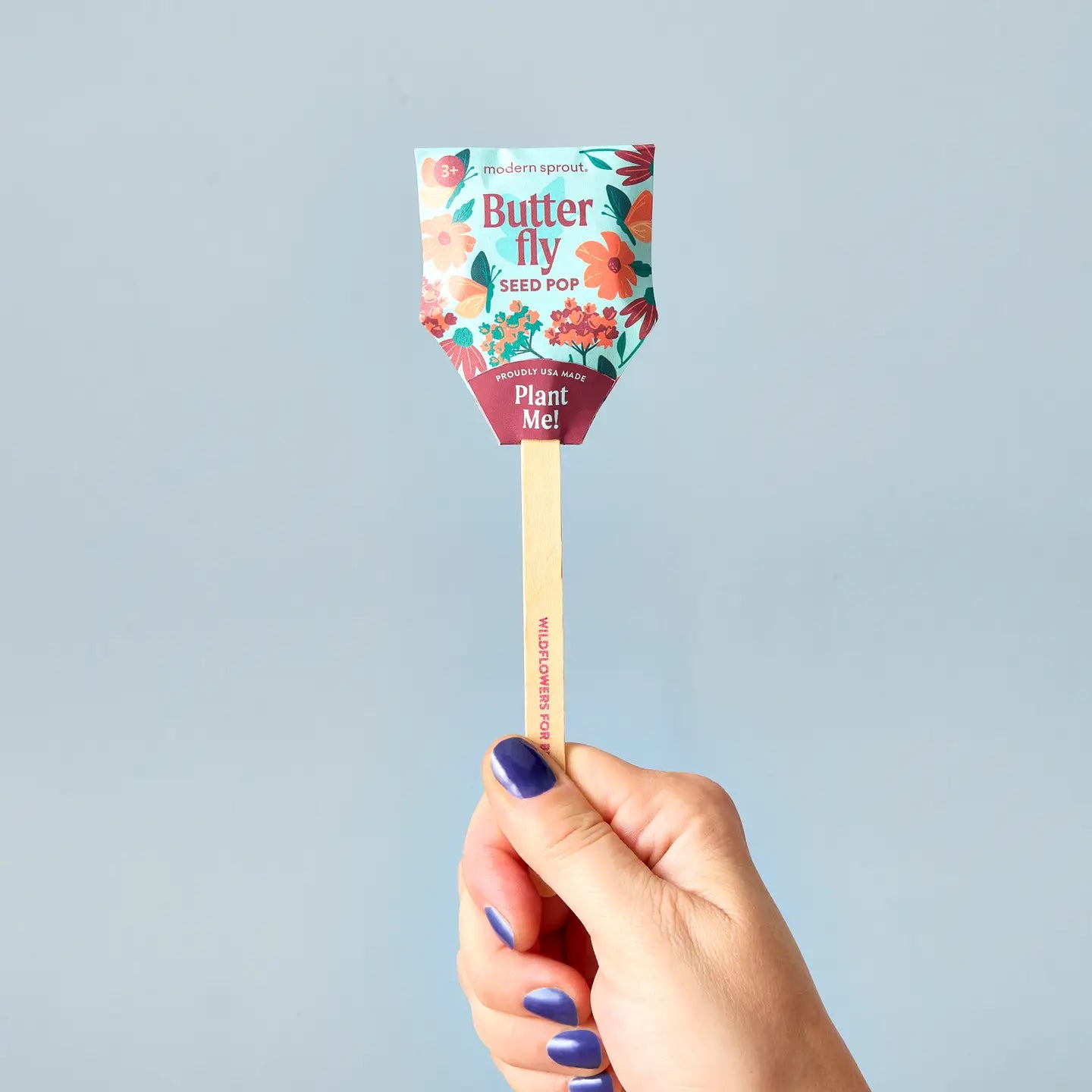 A hand with blue-painted nails holds a Faire Garden Seed Pop featuring a floral wrapper and “Plant Me!” on the stick—ideal for starting seeds in your vegetable garden—set against a light blue background.