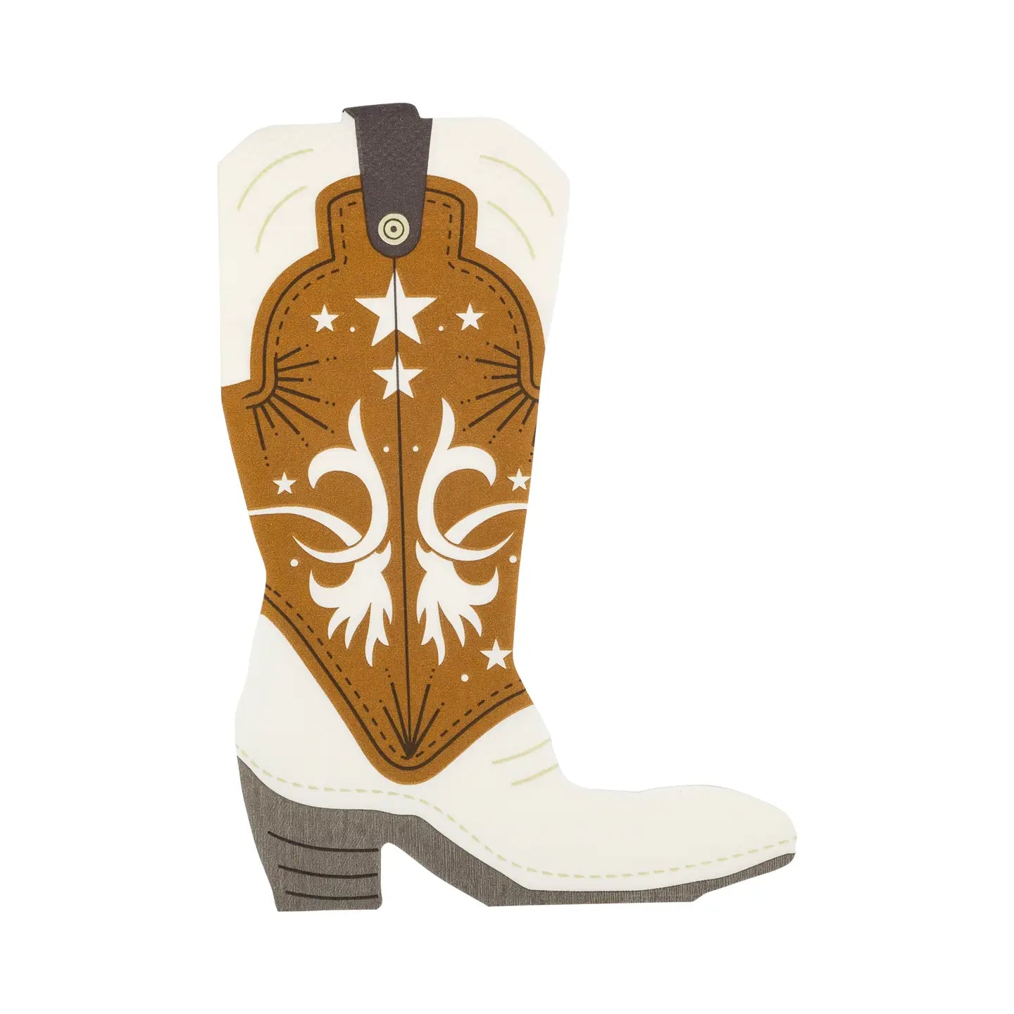 Product Description: The MME Napkin by Faire features an illustration of a cowboy boot with a white base and a brown upper section embellished with white star and scroll designs.