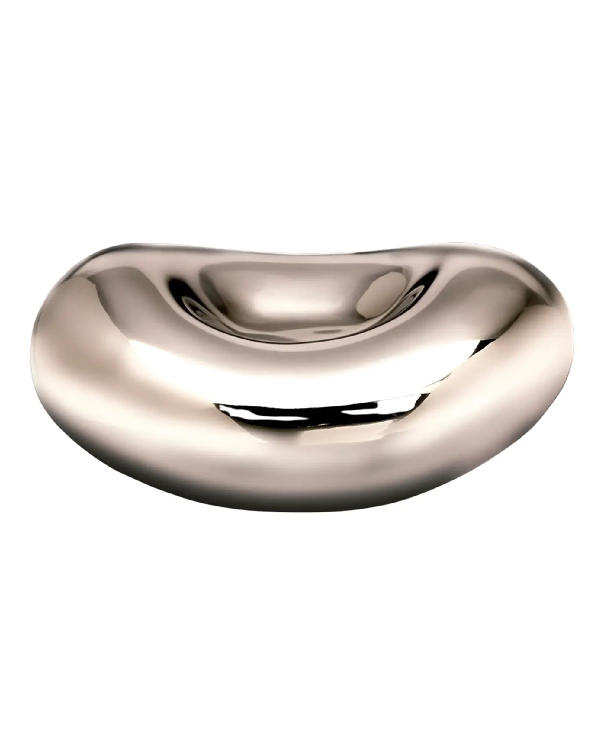 The Faire Baby Bean Sculpture features a shiny, metallic, bean-shaped design with a smooth, reflective surface and central concave indentation, making this handcrafted aluminum piece ideal for modern decor on a white background.