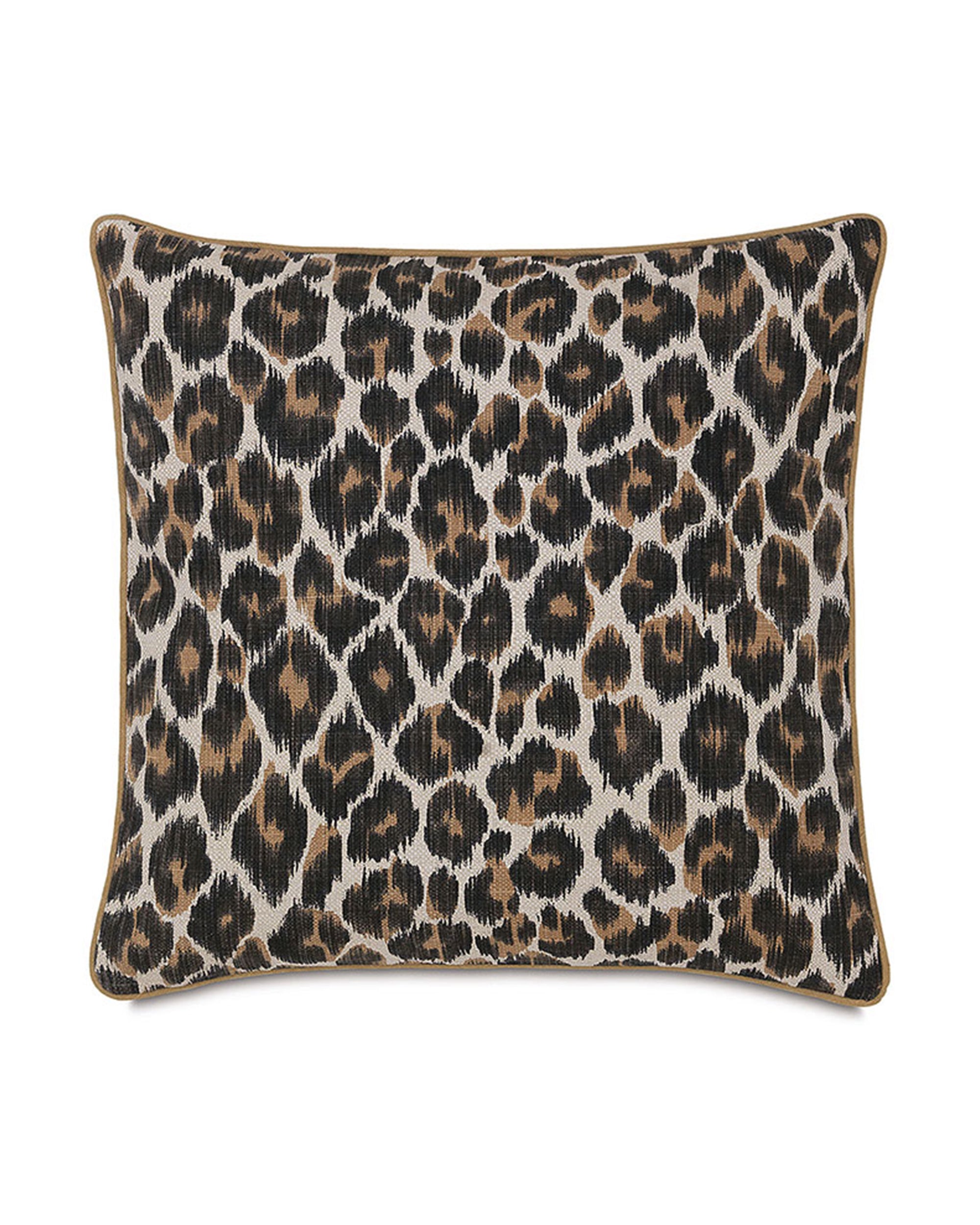 The NAy-05 Bagira Spot with Small Welt pillow by Eastern Accents features a stylish leopard print in brown, black, and beige on white with piped edges—an ideal neutral accent to bring bold flair to any space.