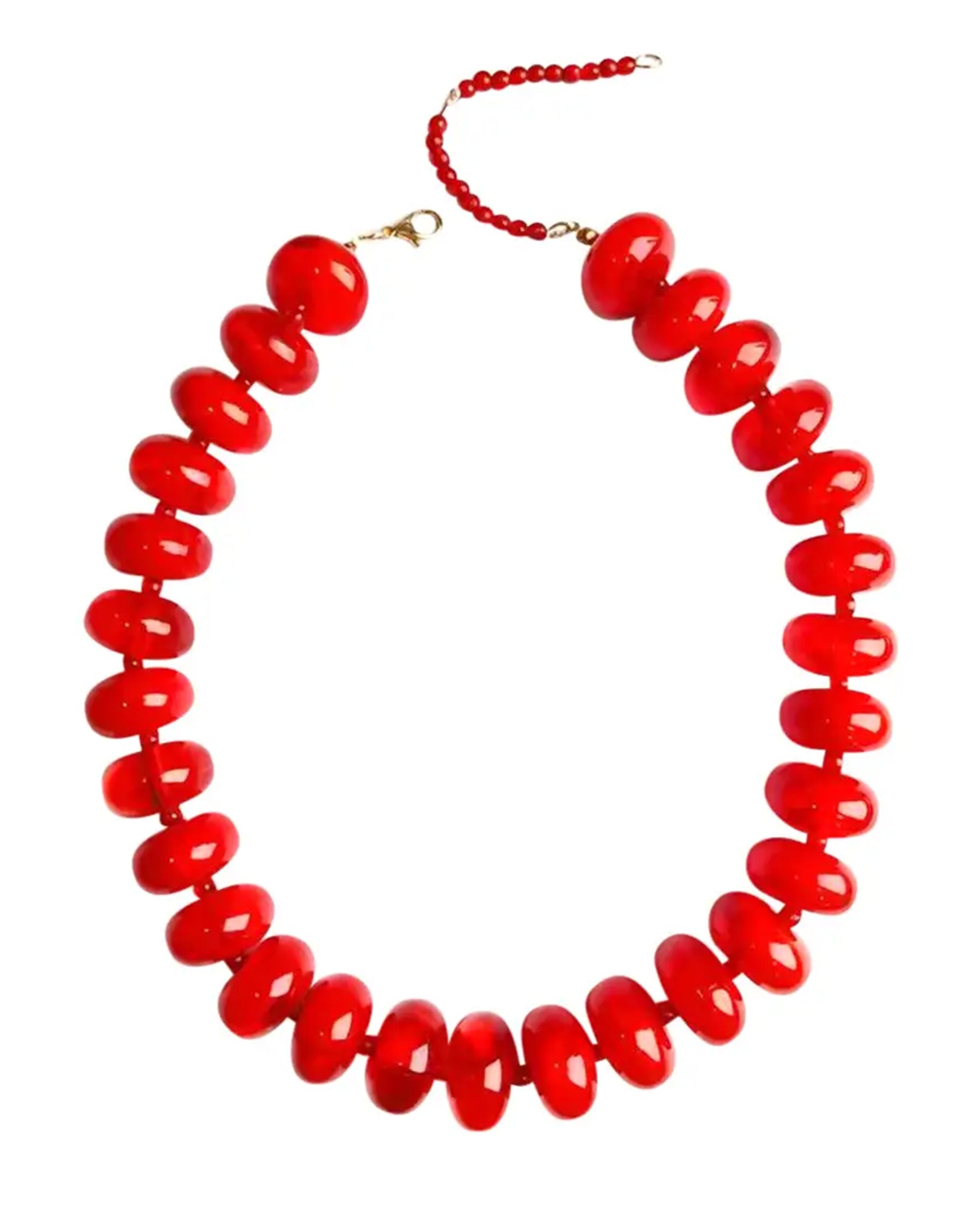 The Faire Bailey Chunky Beaded Necklace features large glossy red beads, a small gold clasp, and an adjustable extension chain for a bold statement look.