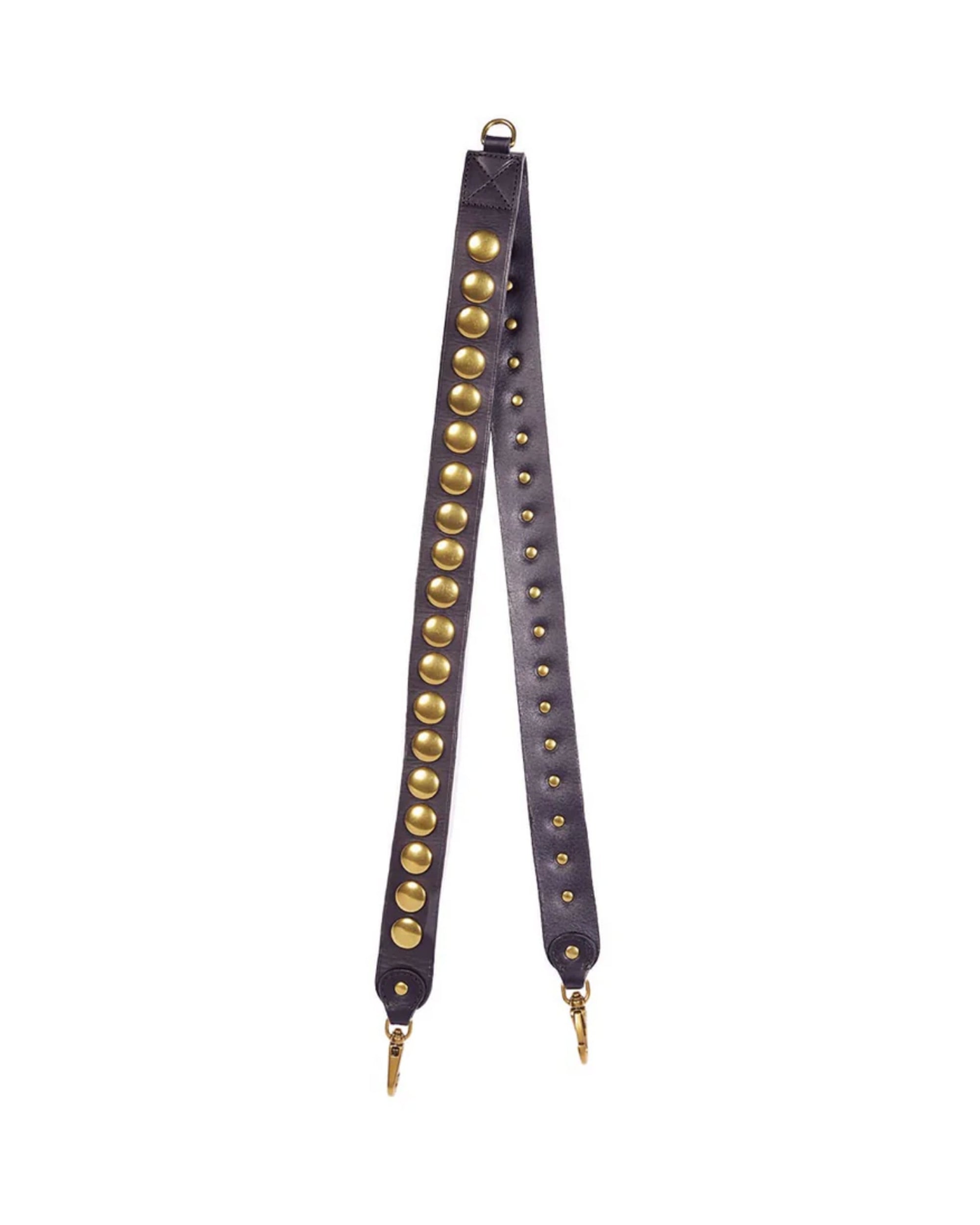 The Bandouliere Festival Strap by Jerome Dreyfuss is a black genuine vegetable cowhide shoulder strap with gold-tone clasps and two rows of mixed-size gold studs, perfect for attaching to your bag.