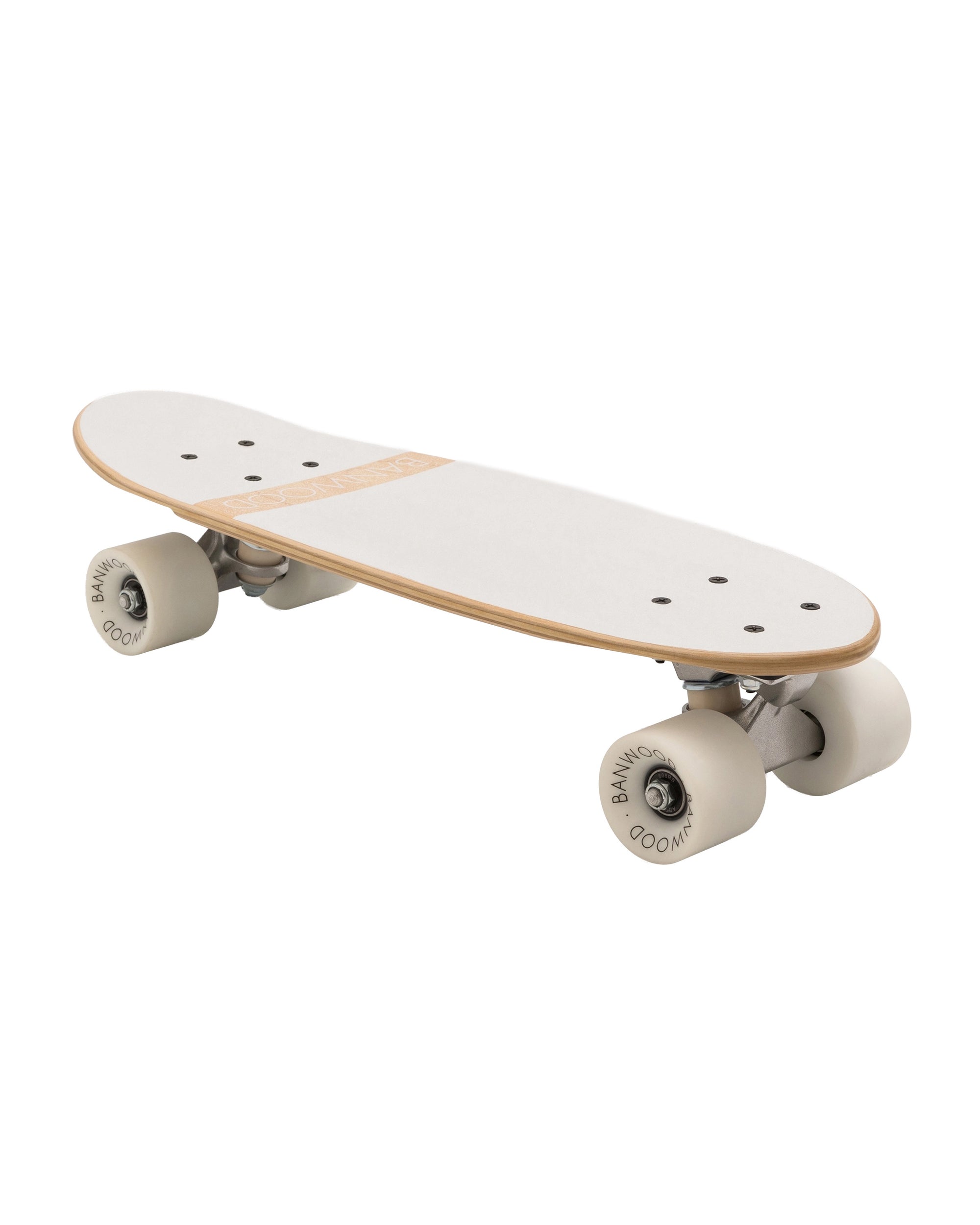 The Faire Vintage Skateboard features a minimalist design with a plain white Canadian maple deck, white wheels, and silver trucks. The board is displayed at an angle against a white background.