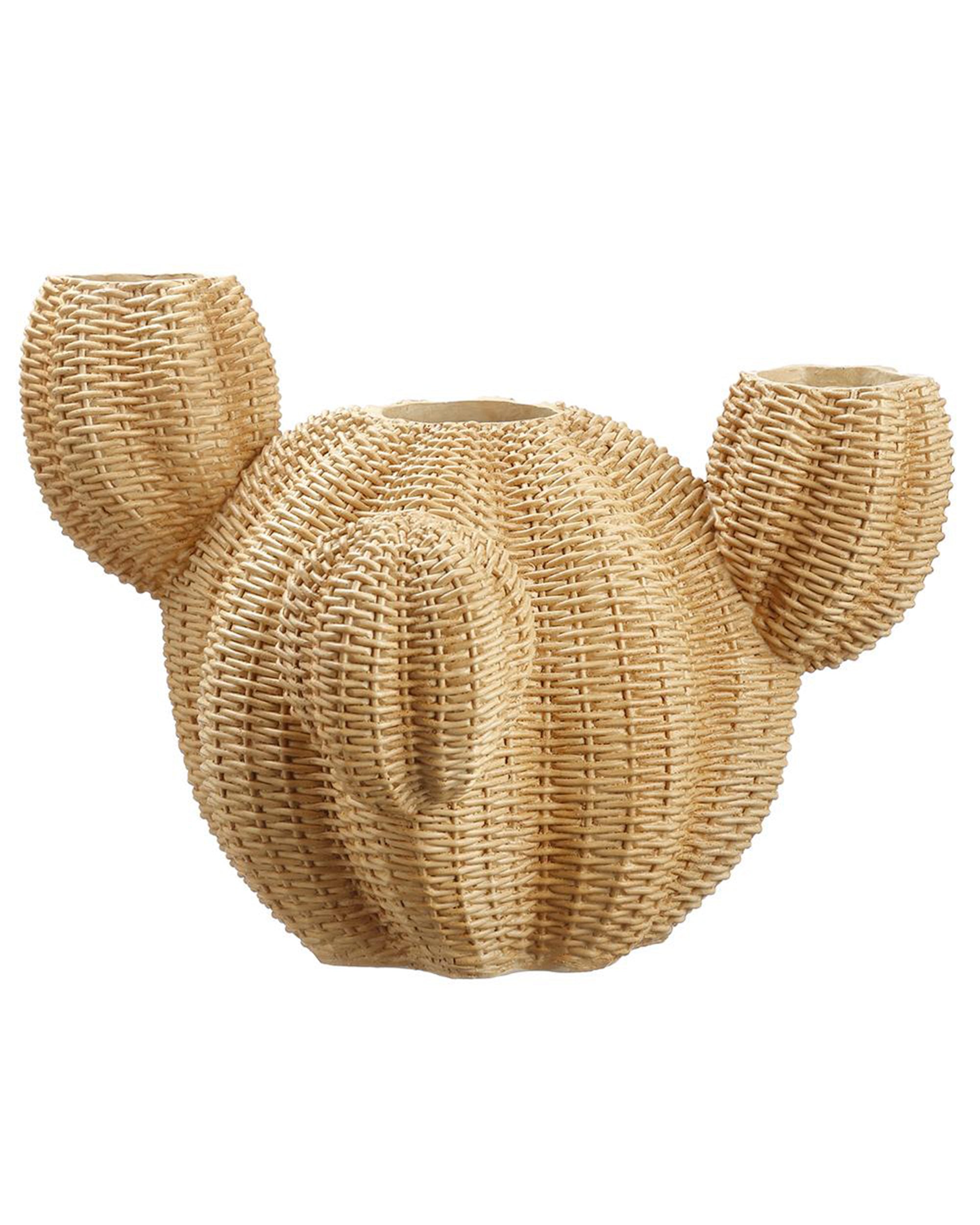The Barrel Cactus Planter by AllState Floral And Craft features a handwoven rattan design with three openings and a rounded body with side arms, mimicking a saguaro cactus—ideal for displaying dried botanicals.