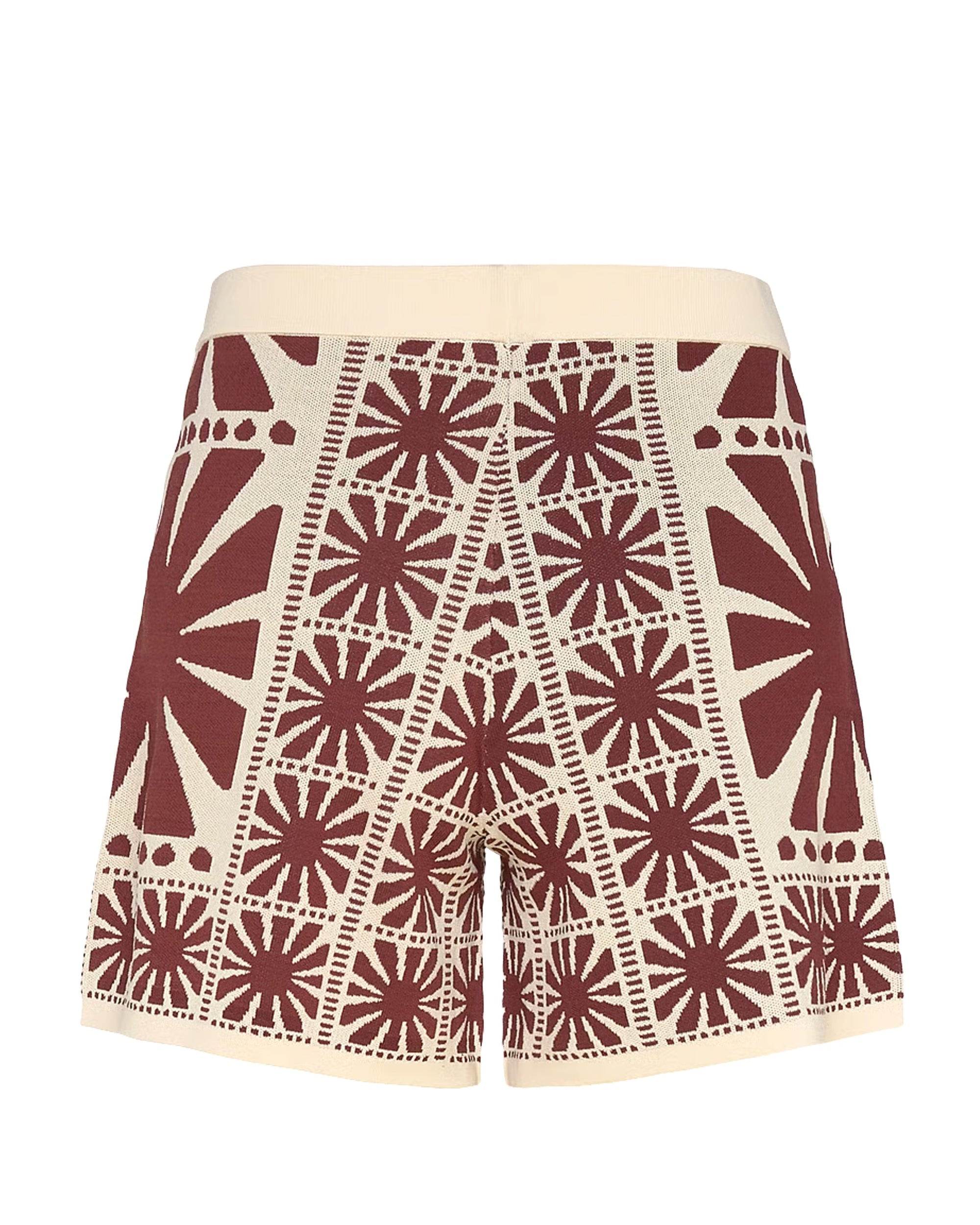 Beige shorts with maroon geometric and floral design, SUNCOO Bastia collection at Bungalow Furniture &amp; Accessories.