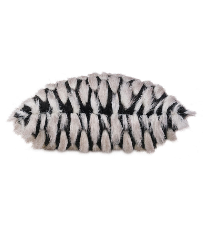 The JADIS ONYX clutch by Eastern Accents features bold black and white vertical stripes in soft faux fur, offering standout texture and chic style inspired by decorative throw pillows.