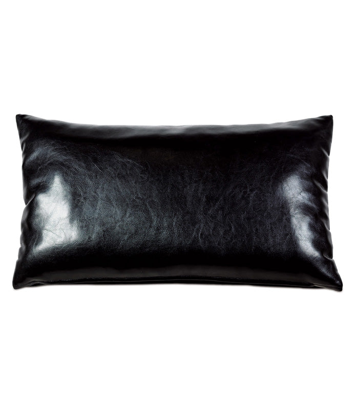 The NAILHEAD DECO accent pillow by Eastern Accents features a rectangular, shiny black faux leather design with a smooth, glossy surface, displayed against a white background.