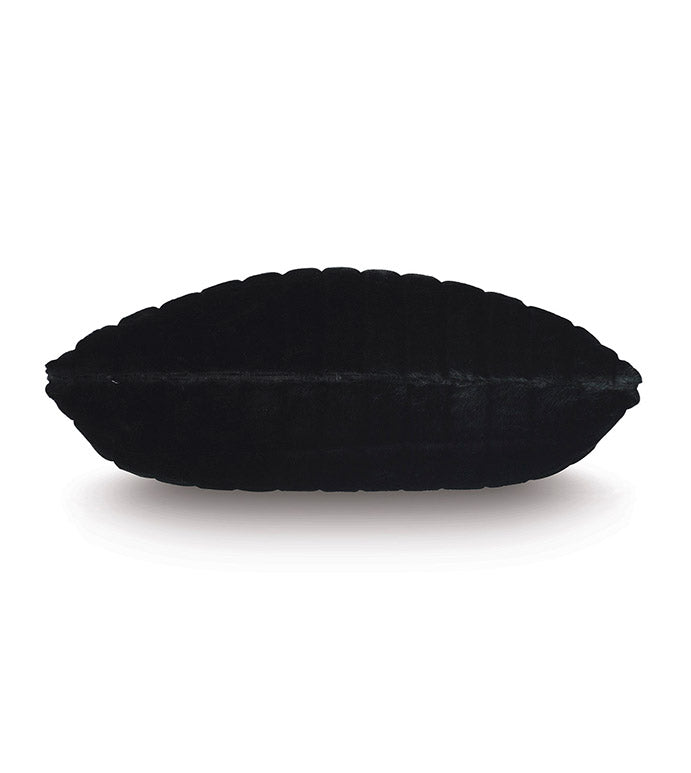 A black, oval-shaped PARK AVE FAUX FUR pillow by Eastern Accents is displayed on a white background. Its plush texture and channeled faux fur design create a luxurious look for any space.