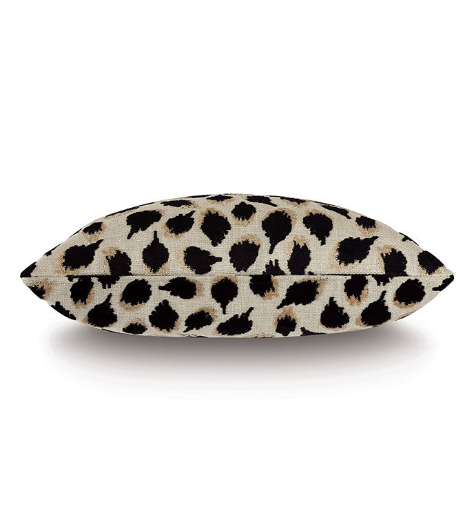 The PARK AVE ANIMAL pillow by Eastern Accents features a beige background with bold black and brown leopard print, displayed from the side against a white backdrop.