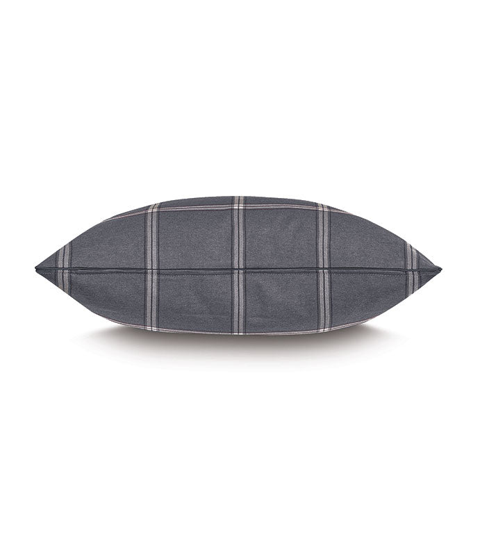 The Carmel Plaid Pillow by Eastern Accents is a 24x24 decorative pillow with insert, shown from the side against a white background, featuring dark gray fabric with a subtle lighter gray grid pattern.