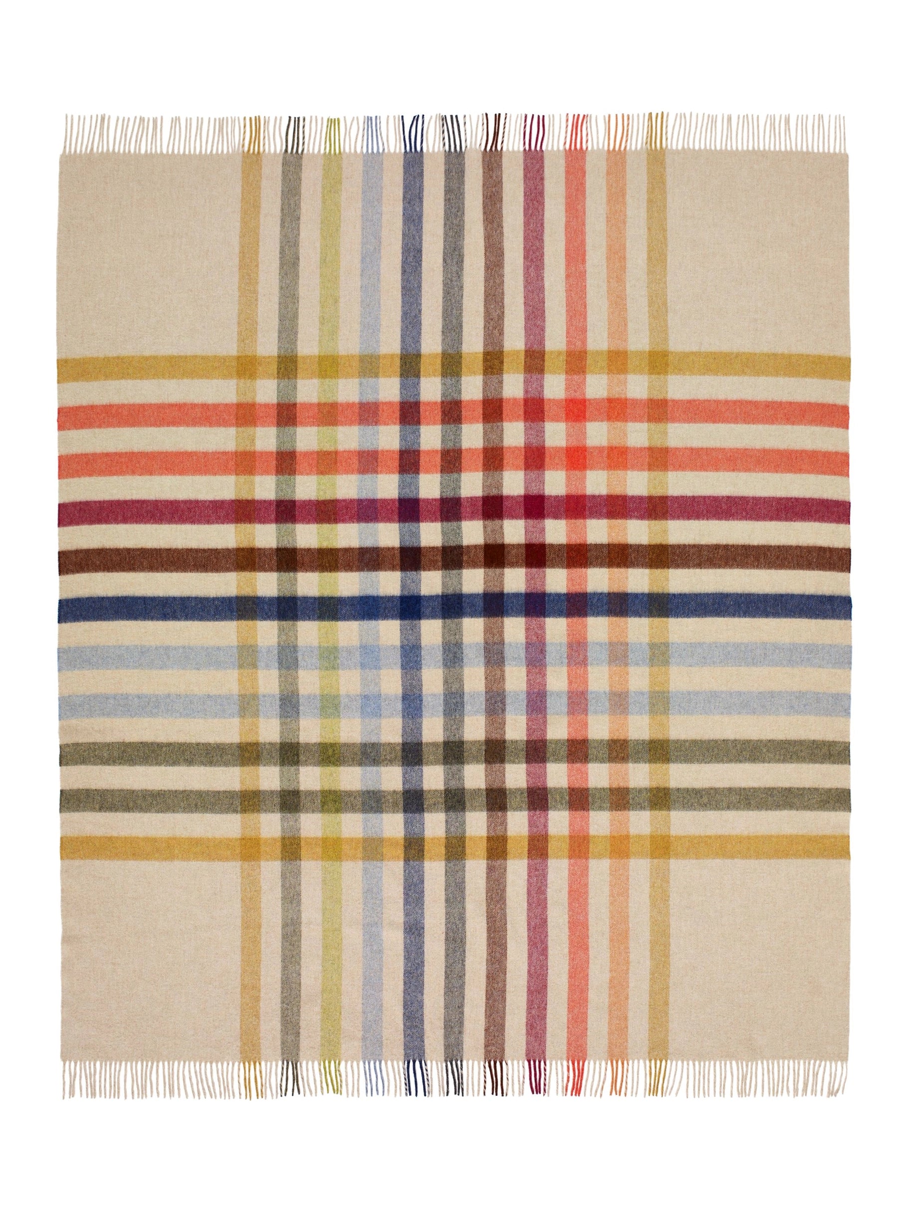 The Faire BM Merino Lamb Throw/Blanket is a square beige throw featuring multicolored plaid stripes inspired by traditional clan tartan, with fringe detailing on the top and bottom edges.