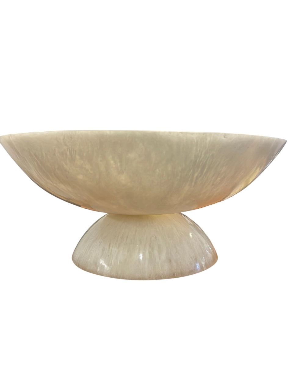 The BIDK Home White Resin Bowl 17.7" is a cream-colored, semi-translucent accent with a wide rim and rounded pedestal base; its modern design makes it an elegant centerpiece for any space, especially against a white background.