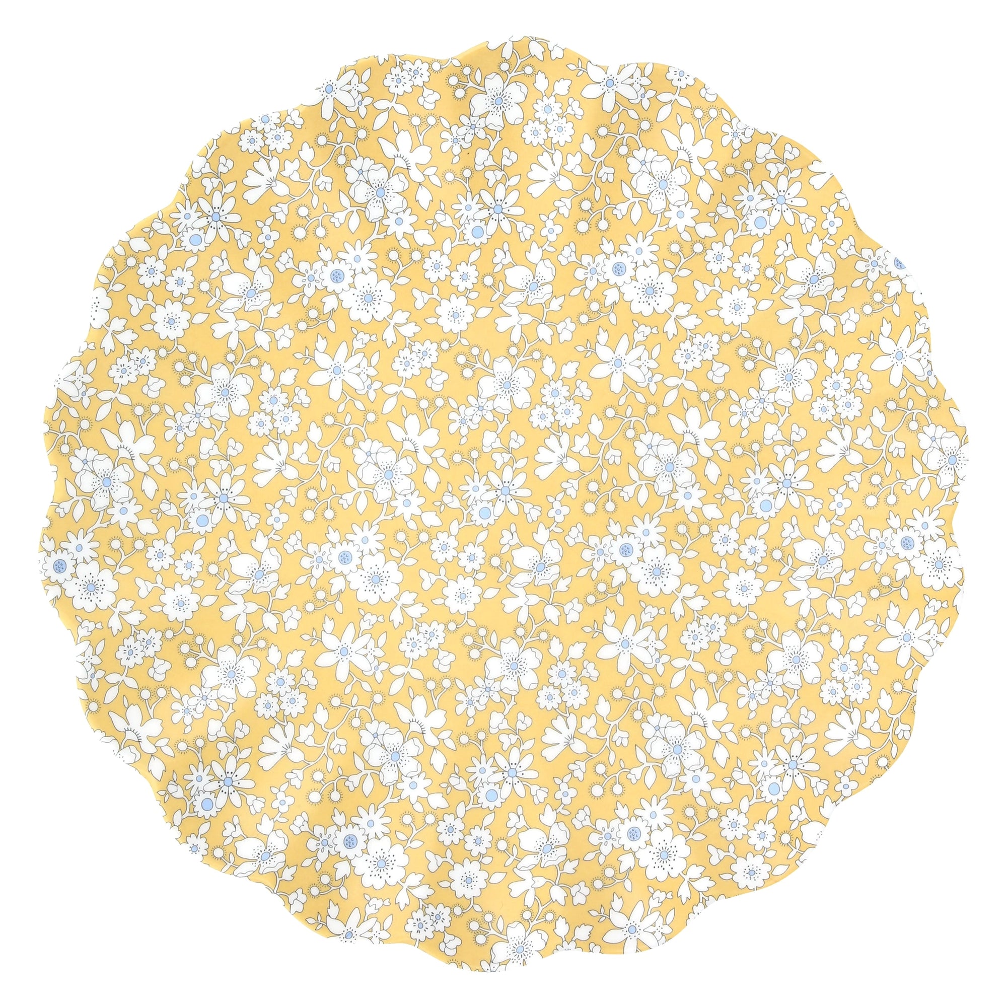 The Faire Mixed Set Reusable Large Plates feature a round, scalloped-edge design with a yellow background and a dense white and light blue floral pattern, making them charming decorative options for any occasion.