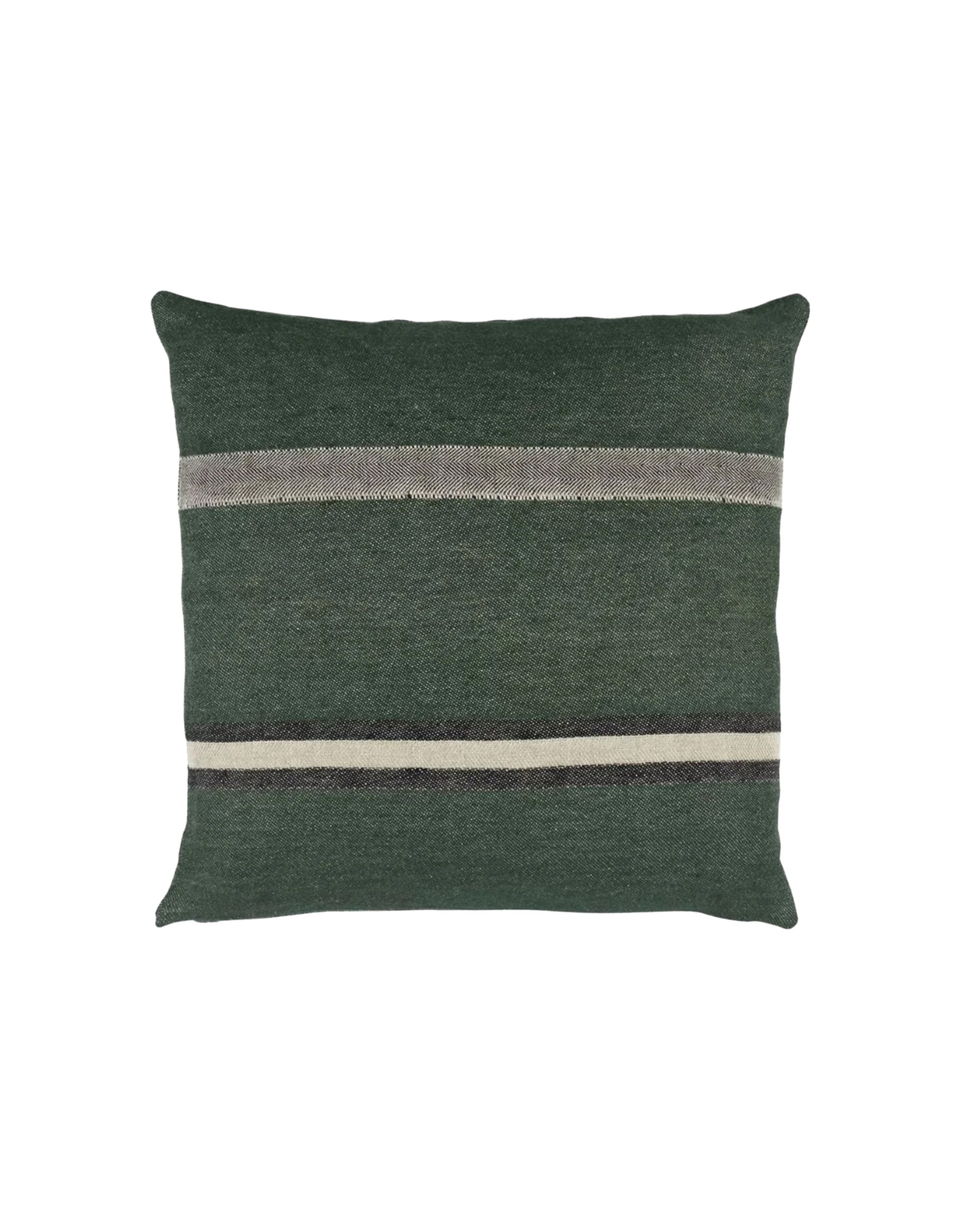 Racing green pillow with beige and dark gray stripes by Libeco Home, Belgian linen, on a white background.