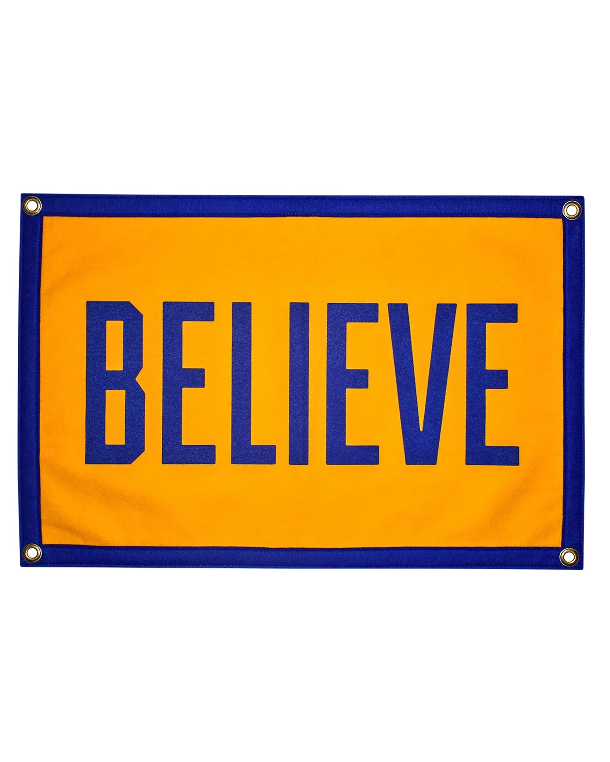 The Oxford Pennant Believe Camp Flag 16x24 is a rectangular yellow and blue flag with a blue border, "BELIEVE" in bold blue letters at the center, a screen-printed design, and metal grommets in each corner.