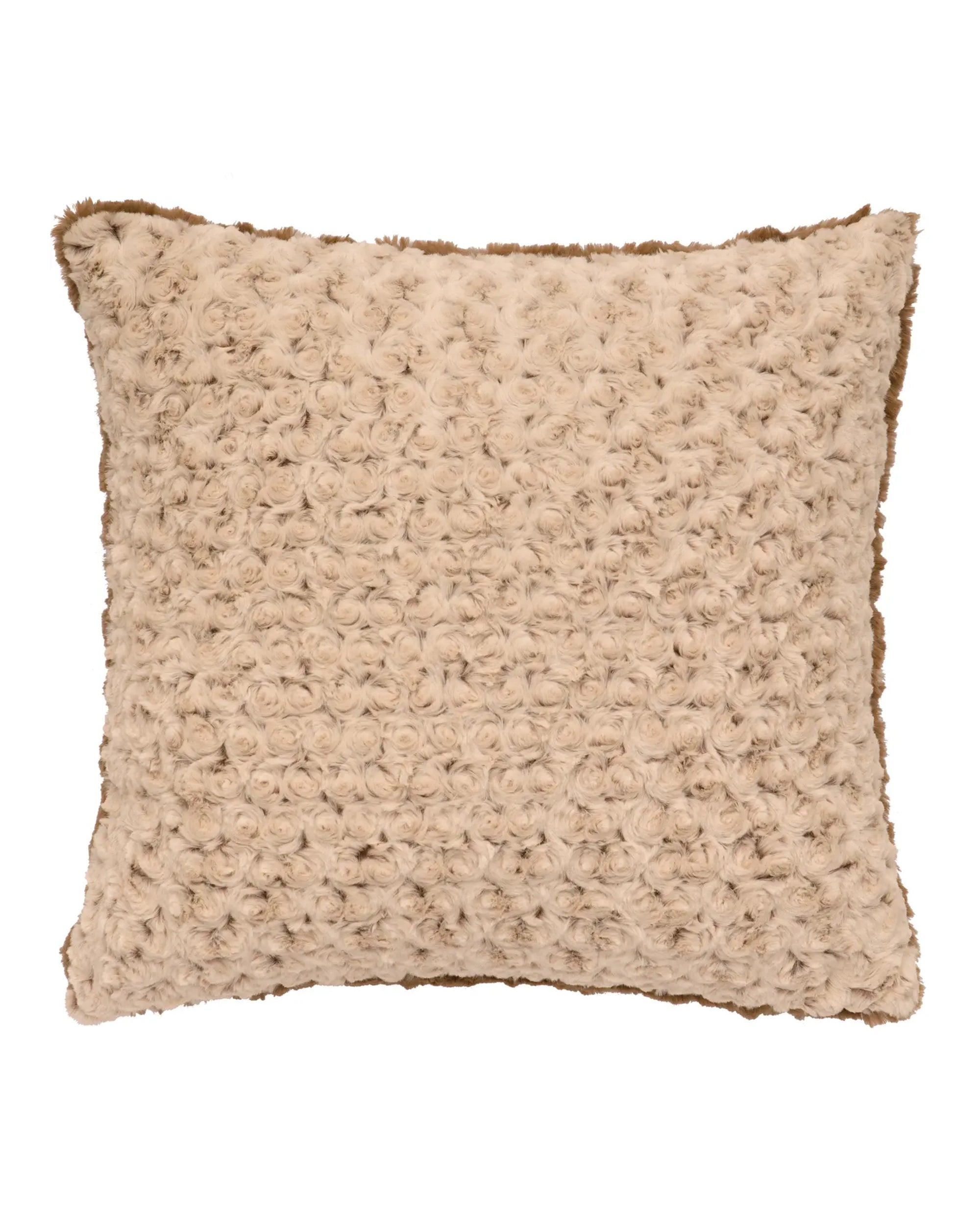 The Faire Bella Rosebud Cuddle Euro w/insert is a square beige throw pillow featuring a textured rosette pattern, fluffy edges, and is crafted from machine-washable Cuddle Furs for easy care and lasting softness.