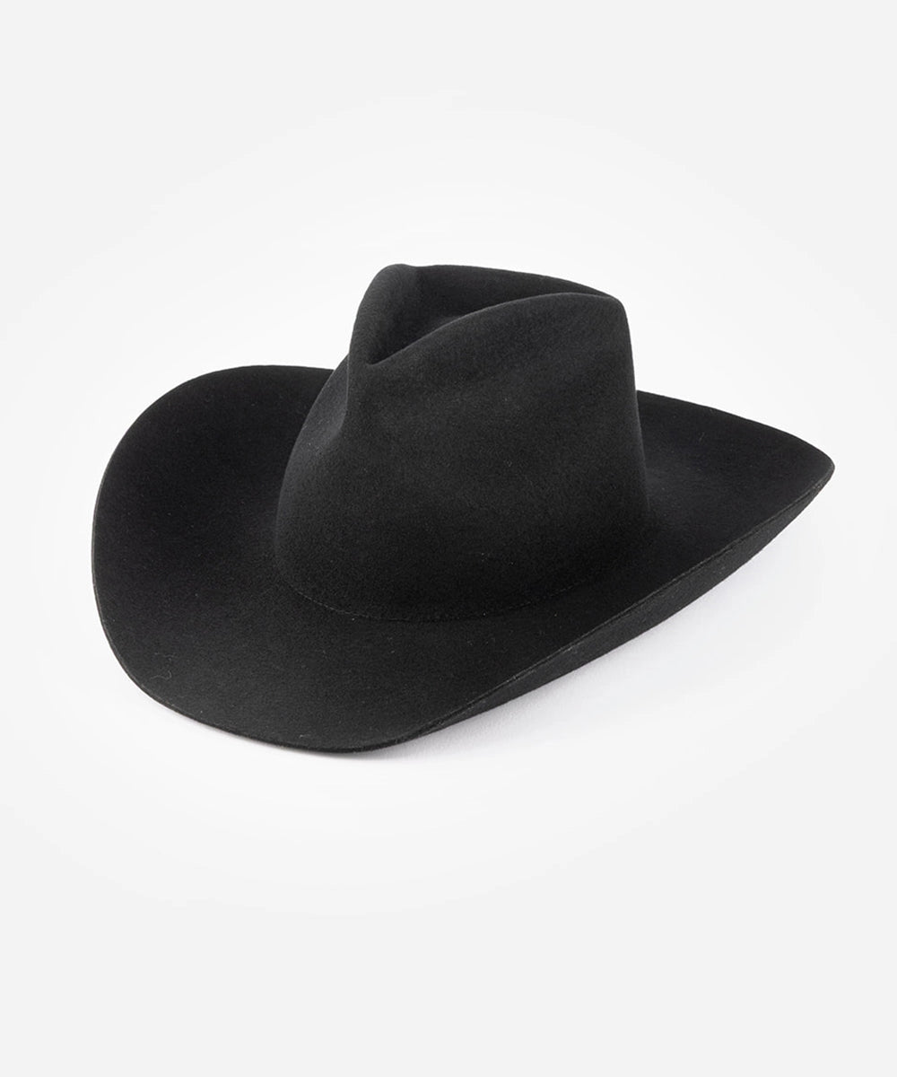 The Faire Charlie Western Hat features a classic crease at the crown and a wide, curved brim. This stylish black felt hat is shown on a plain white background.