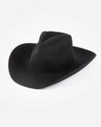 The Faire Charlie Western Hat features a classic crease at the crown and a wide, curved brim. This stylish black felt hat is shown on a plain white background.