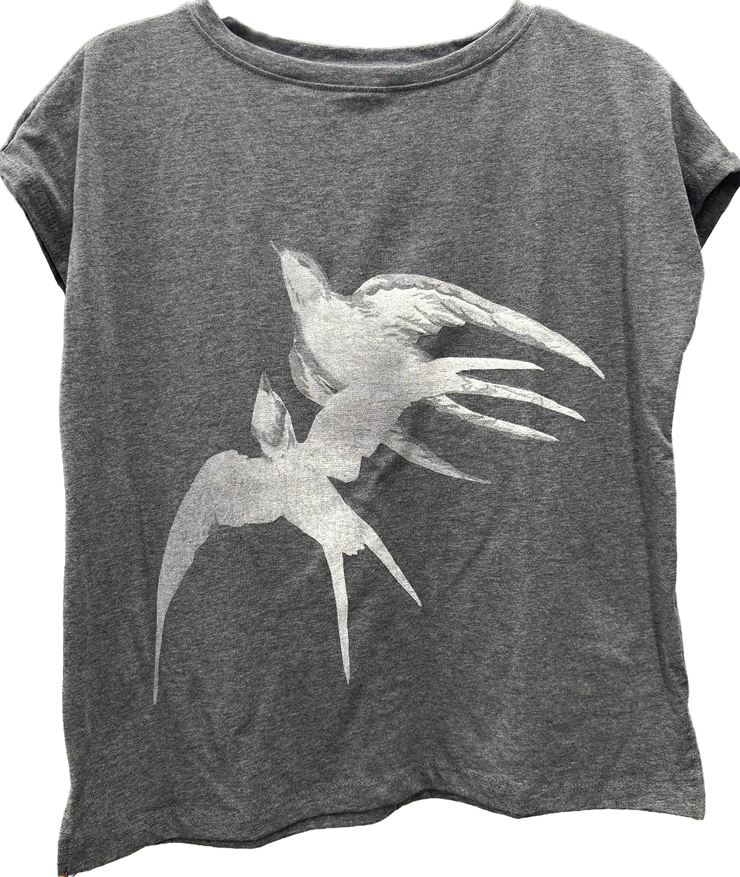 The Faire Tee with Two Swallows Print features a white swallow graphic of two birds in flight on the front, available in three colors.