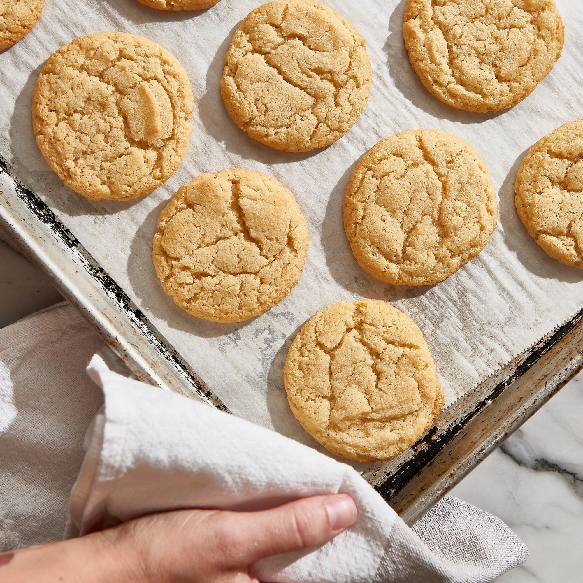 A hand uses a white cloth to hold a baking tray lined with parchment, displaying rows of golden brown Wild Rye Sugar Cookies made from Sugar Cookie Mix, featuring a crackled surface.