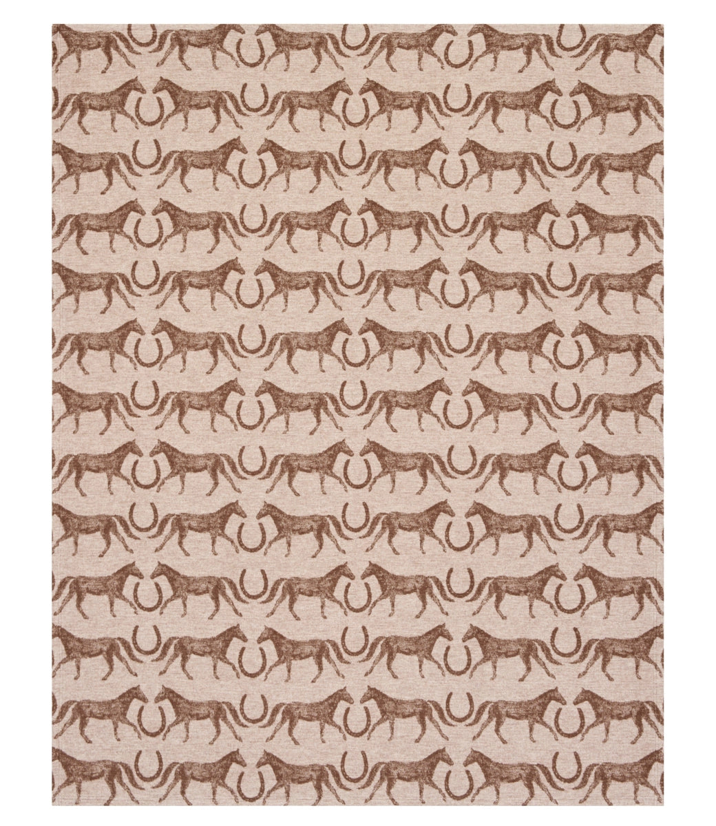 The Hill Country Horses Lightweight Blanket by Faire features alternating rows of brown horses and horseshoes on beige Chappy material, offering a soft touch. Its lightweight, portable design ensures cozy comfort and easy transport wherever you go.