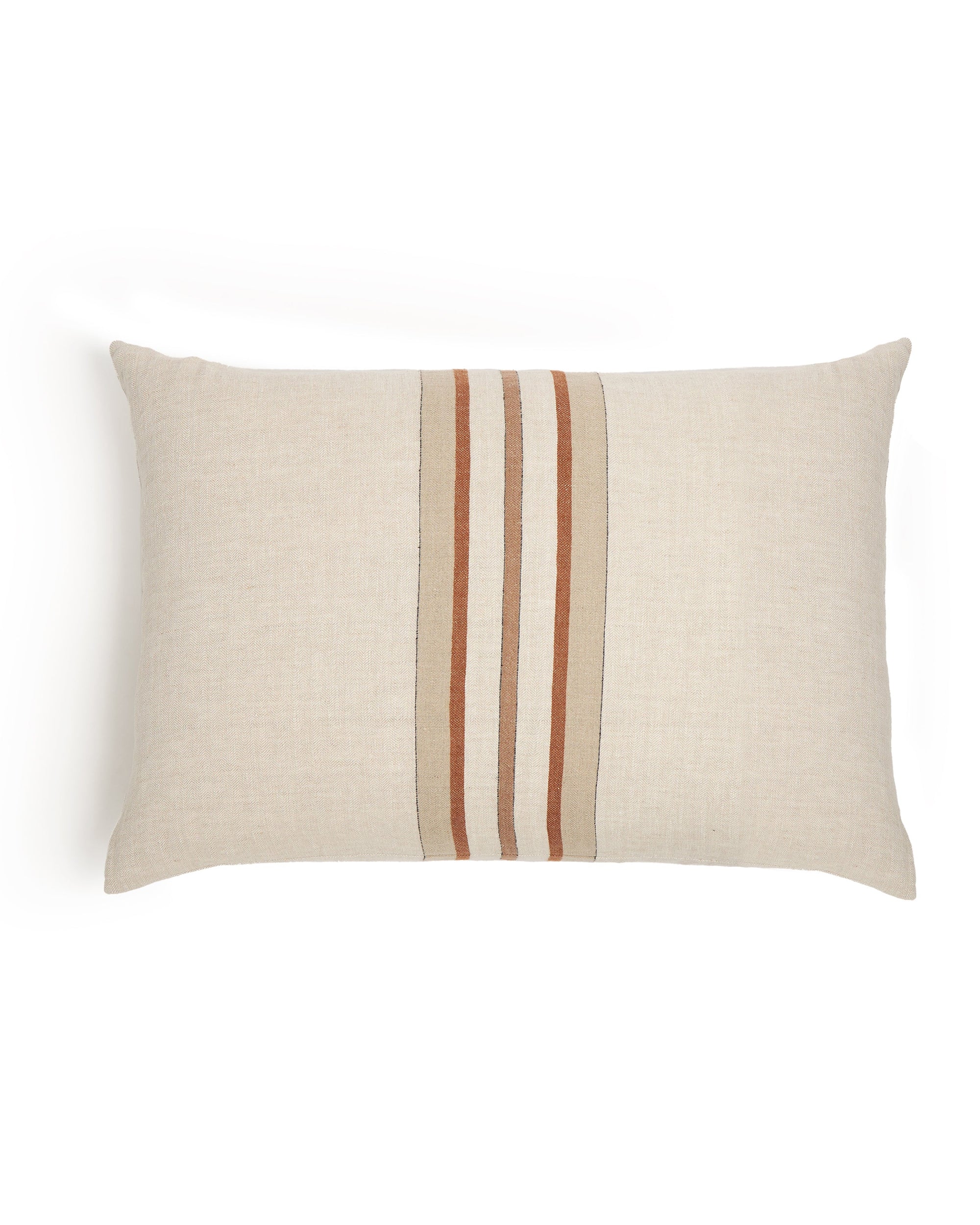 The Beck Big Pillow 28x36 by POM POM is a rectangular beige linen pillow featuring classic Beck striping—three vertical brown and tan stripes down the center. Its minimalist design pops against any plain white background.