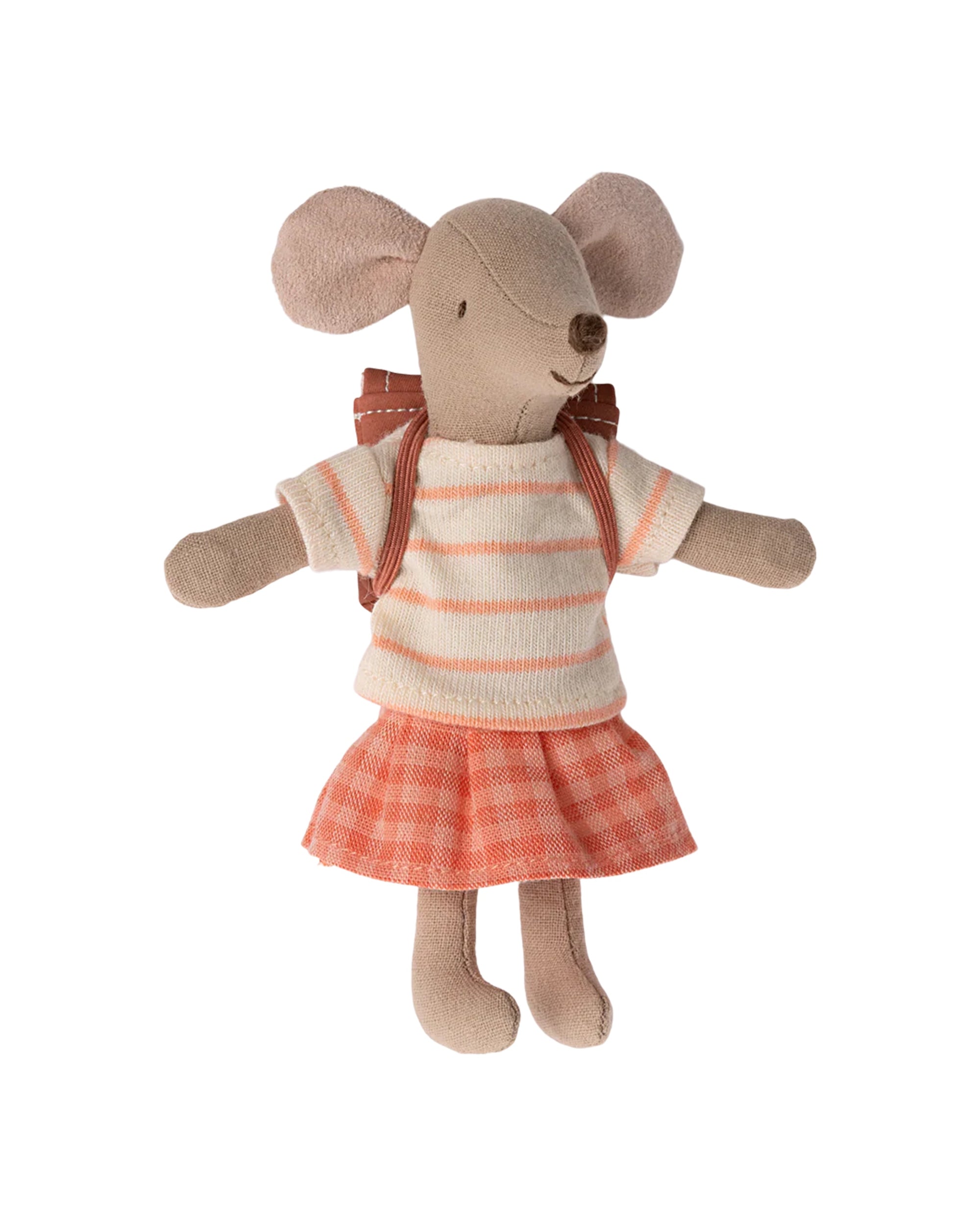Maileg Tricycle Mouse, Big Sister by Maileg is a plush toy in a cream and orange striped shirt, plaid skirt, and brown backpack. Hidden magnets let her hold accessories or stay put during play. Shown on a white background.