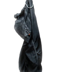 Black satin oversized drawcord lounge pants by Free City on white hanger, relaxed fit.