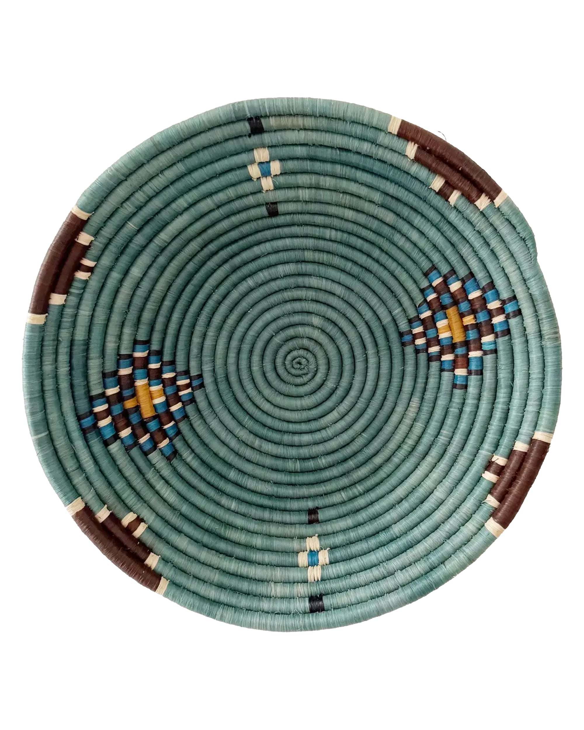 The Birava Large Bowl by Faire is a handmade, round woven tray with a teal spiral pattern, accented with geometric designs in brown, blue, white, and yellow spaced evenly around its edge.