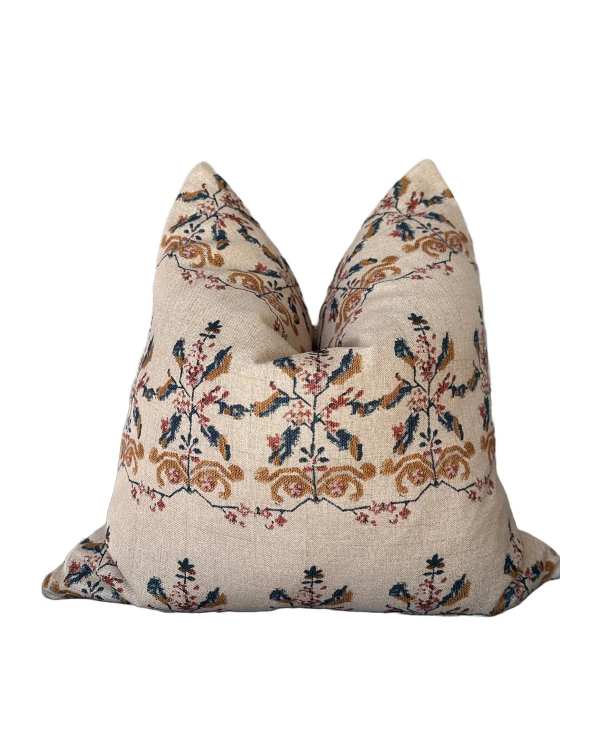 The Rennah Collective Birdie Pillow 22x22 features a soft polyester-linen blend cover with a beige base and elegant blue, red, and gold floral-vine motifs for decorative appeal.