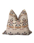 The Rennah Collective Birdie Pillow 22x22 features a soft polyester-linen blend cover with a beige base and elegant blue, red, and gold floral-vine motifs for decorative appeal.