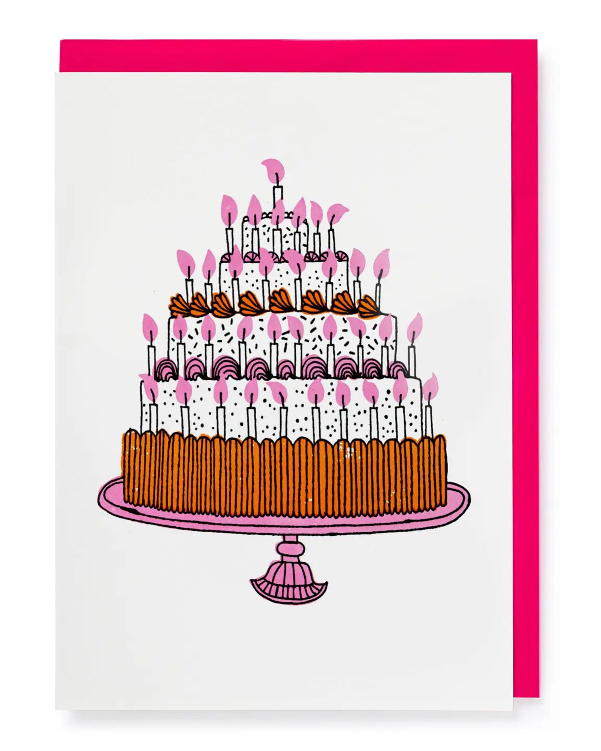 The Birthday Cake Card by Faire features a three-tiered buttercream birthday cake with white frosting, pink decorations, and many lit pink candles on a pink stand, all framed by a bright pink border.
