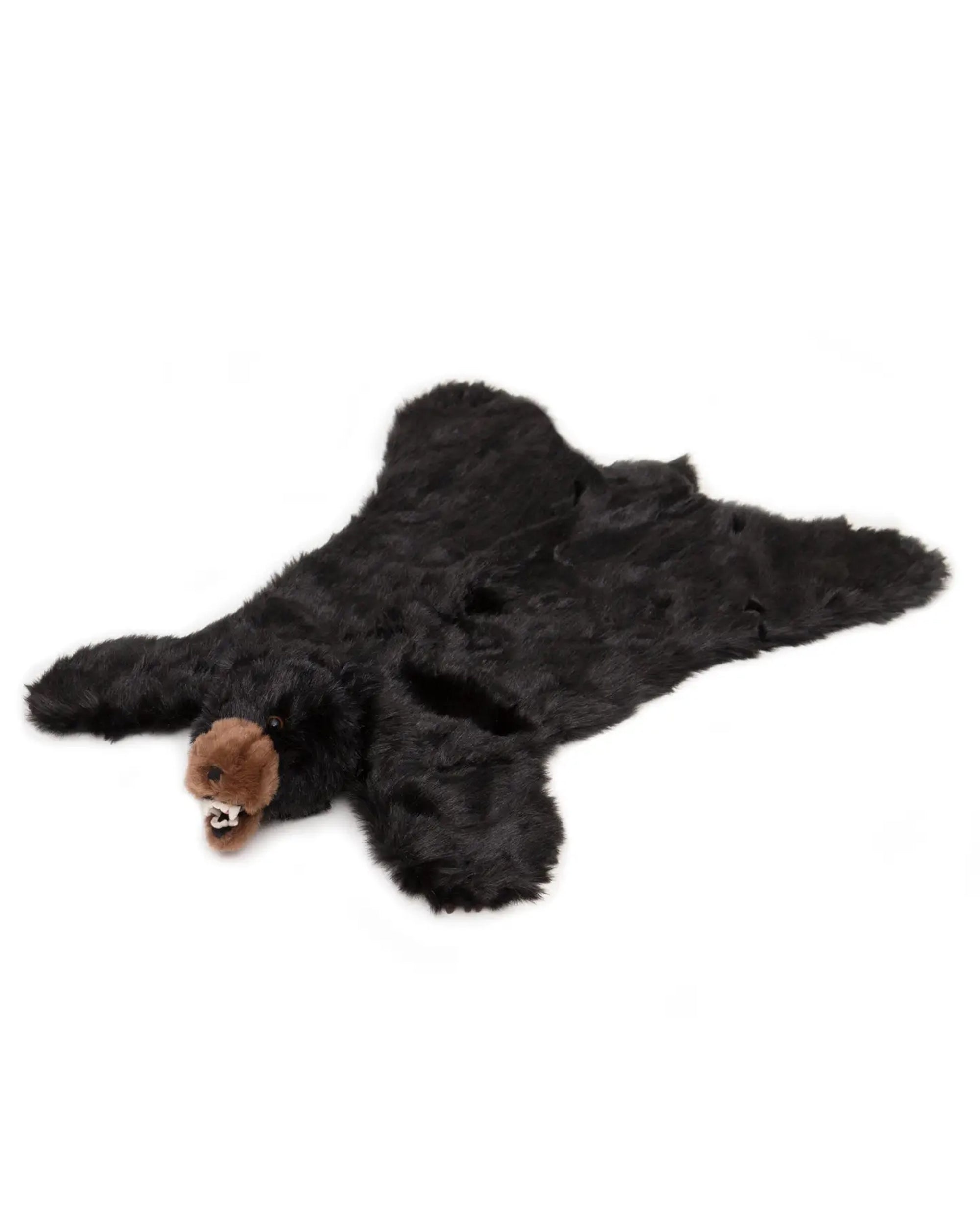 The Faire Black Bear Large Rug features a plush bear head with an open mouth, realistic faux fur, and non-skid backing for secure placement. The rug lies flat on a white background and adds fun to any room.