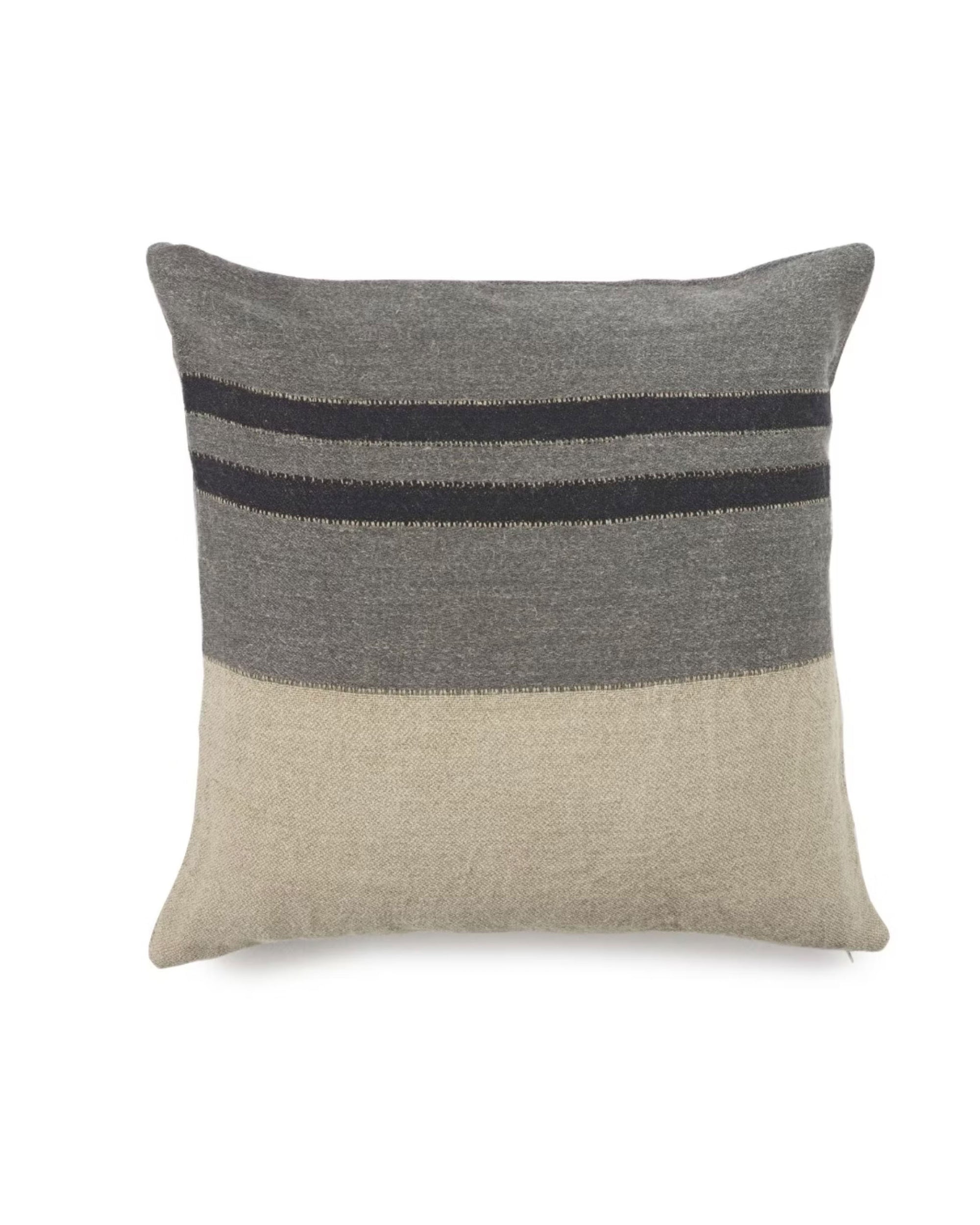 The Black House Stripe Pillow by Libeco Home features a grey top with two black stripes and a beige bottom. Shown on a white background, it fits a 25x25 insert for easy styling and comfort.