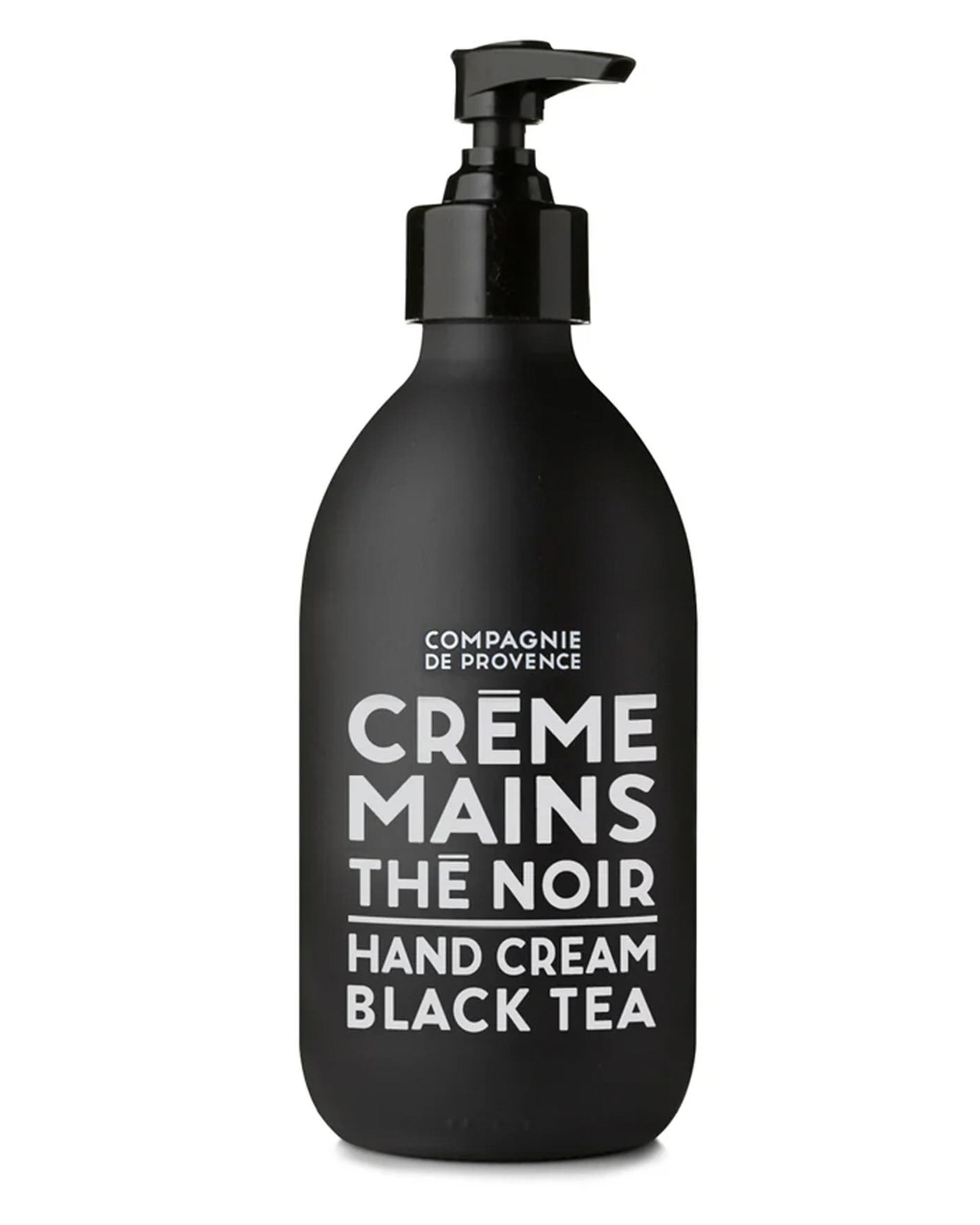 A black pump bottle labeled "Marseille Hand Cream 10 oz" by Cie Luxe Brands, inspired by classic Marseille soap and enriched with a delicate White Tea fragrance.