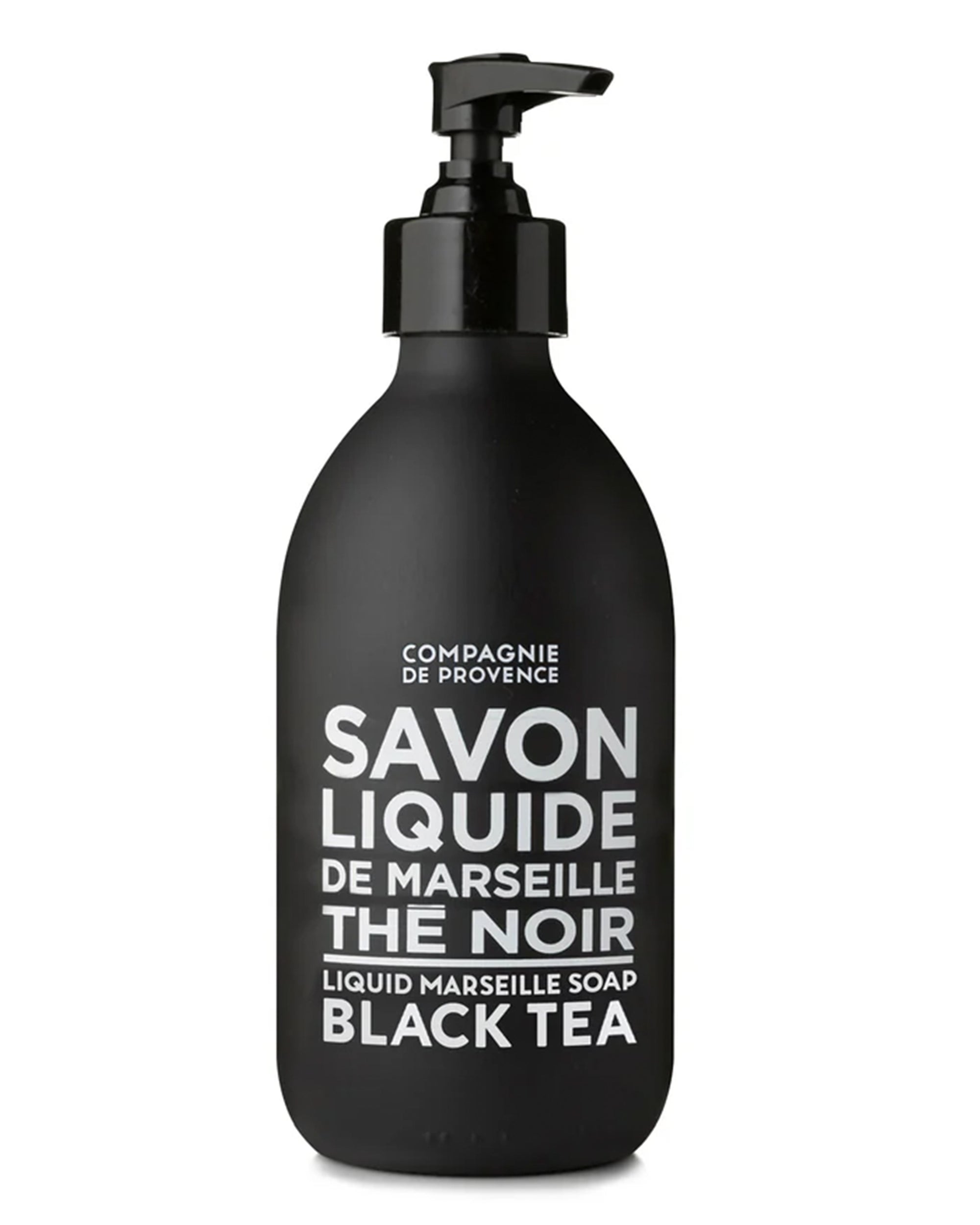 A black pump bottle labeled "Liquid Marseille Soap 10 oz" by Cie Luxe Brands, featuring French text, stands against a plain white background.