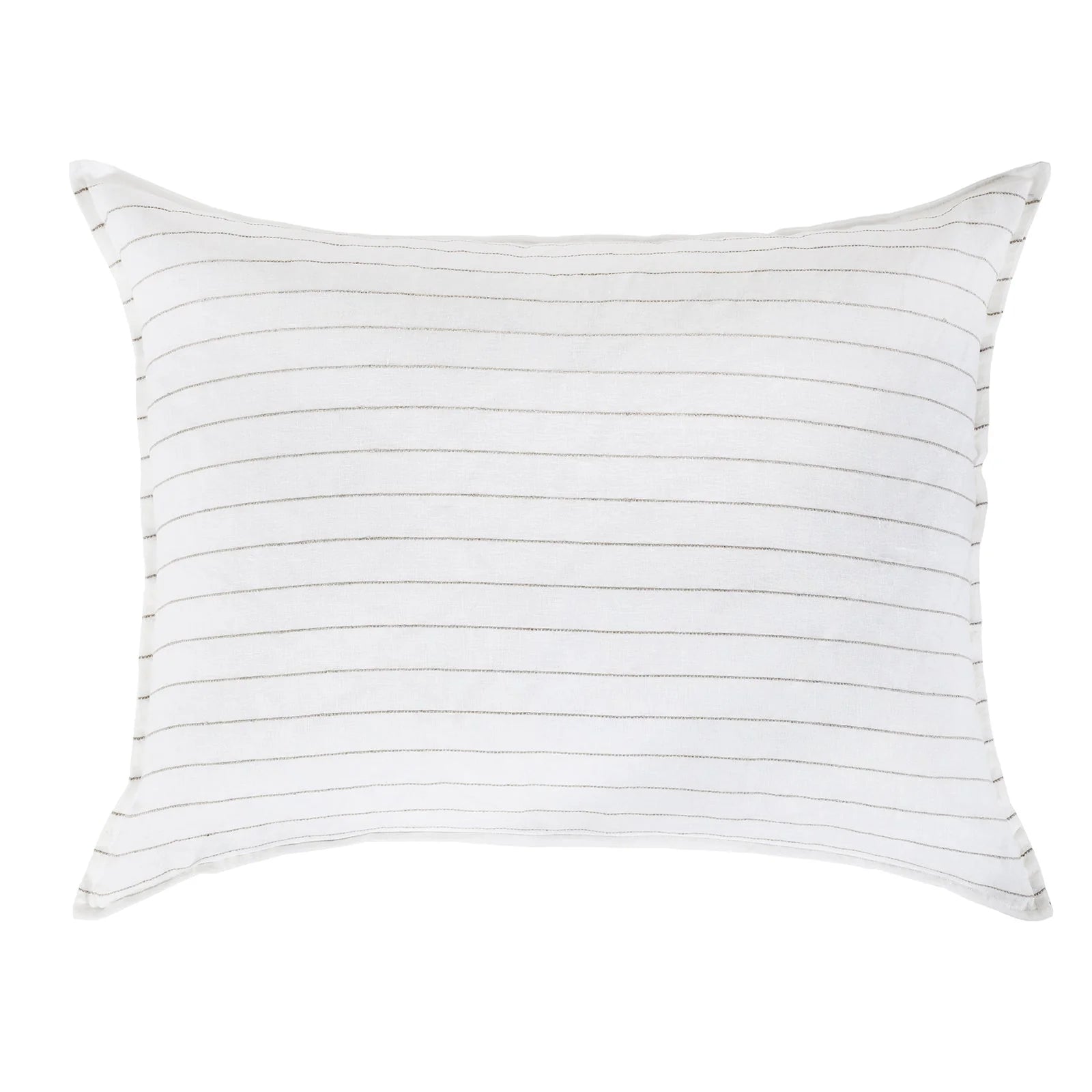 The Blake Big Pillow 28x36 by POM POM showcases a minimalist design with interwoven stripes. Its thin horizontal gray lines on a white background highlight subtle elegance, reflecting the beauty of hand-loomed craftsmanship.