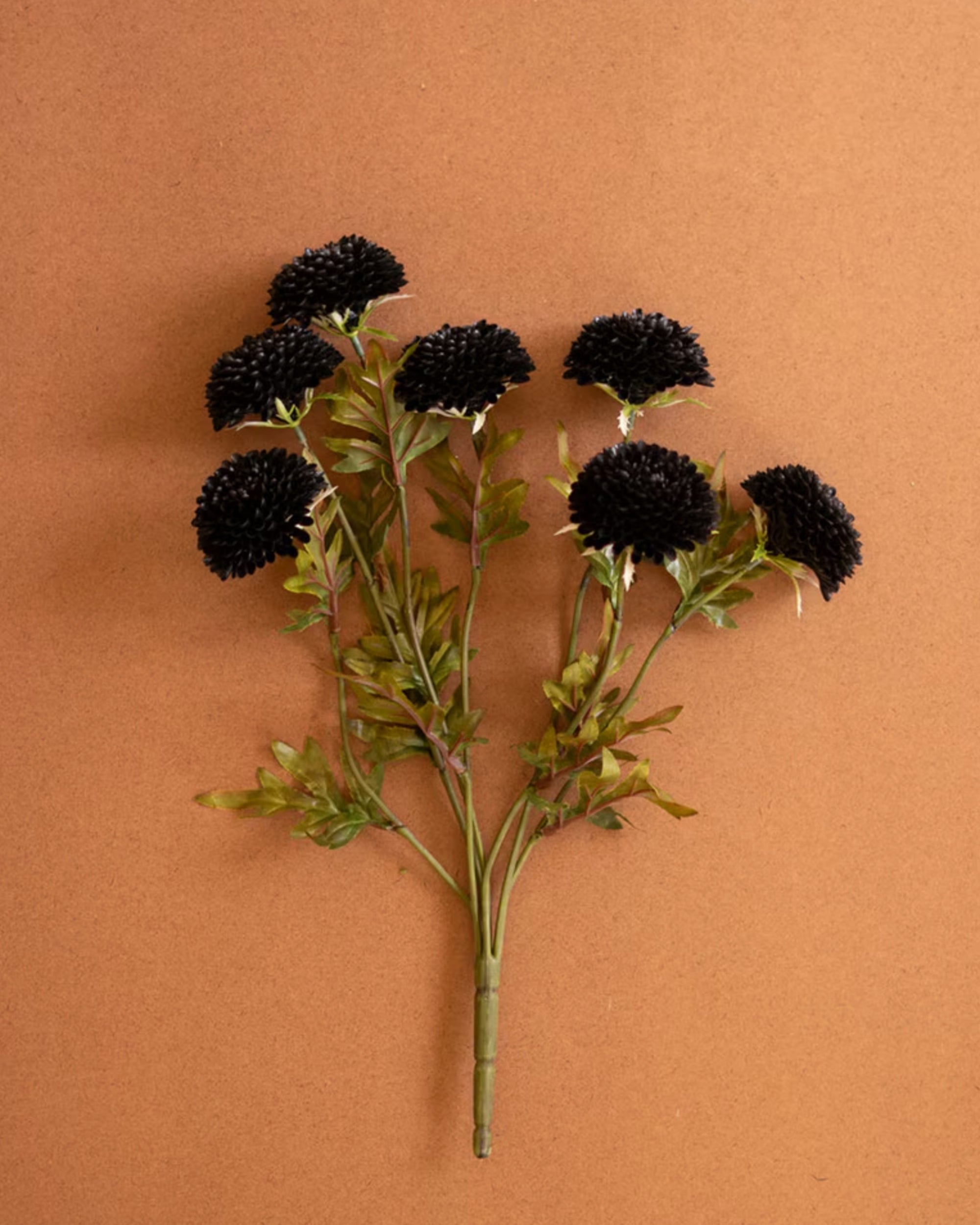 Artificial zinnias with black pom-pom blooms and green leaves by Kalalou, perfect for Halloween décor at Bungalow Furniture.