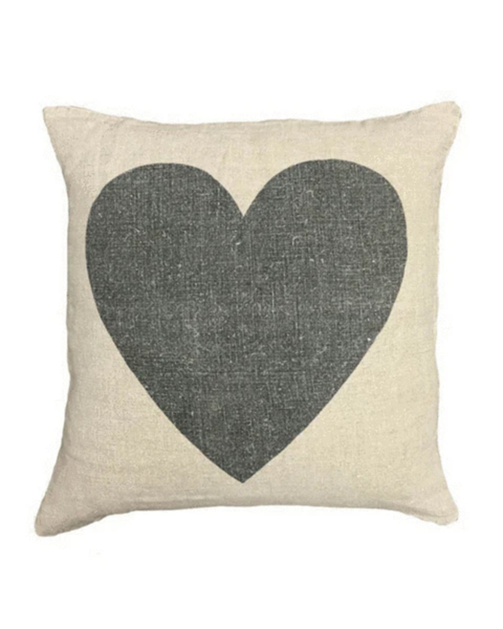 The Black Heart Pillow by Sugarboo Designs is a 26x26 square beige linen pillow with a bold black heart printed in the center—ideal for bringing modern charm to any space.