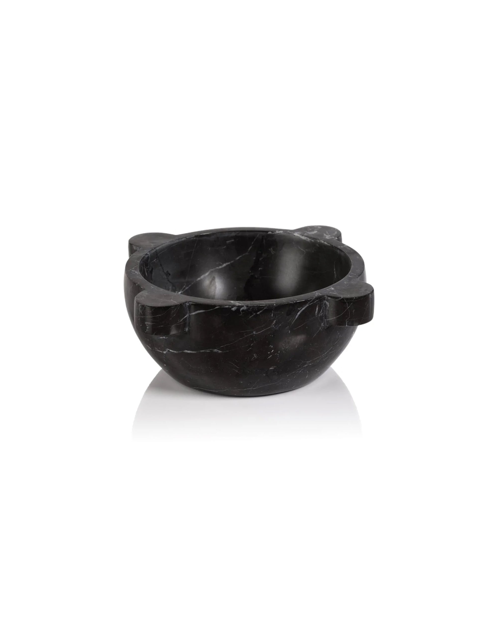 The Zodax IN-7914 Roma Marble Mortar Bowl is a round black marble condiment bowl with a smooth finish and three small protruding handles, shown on a white background.