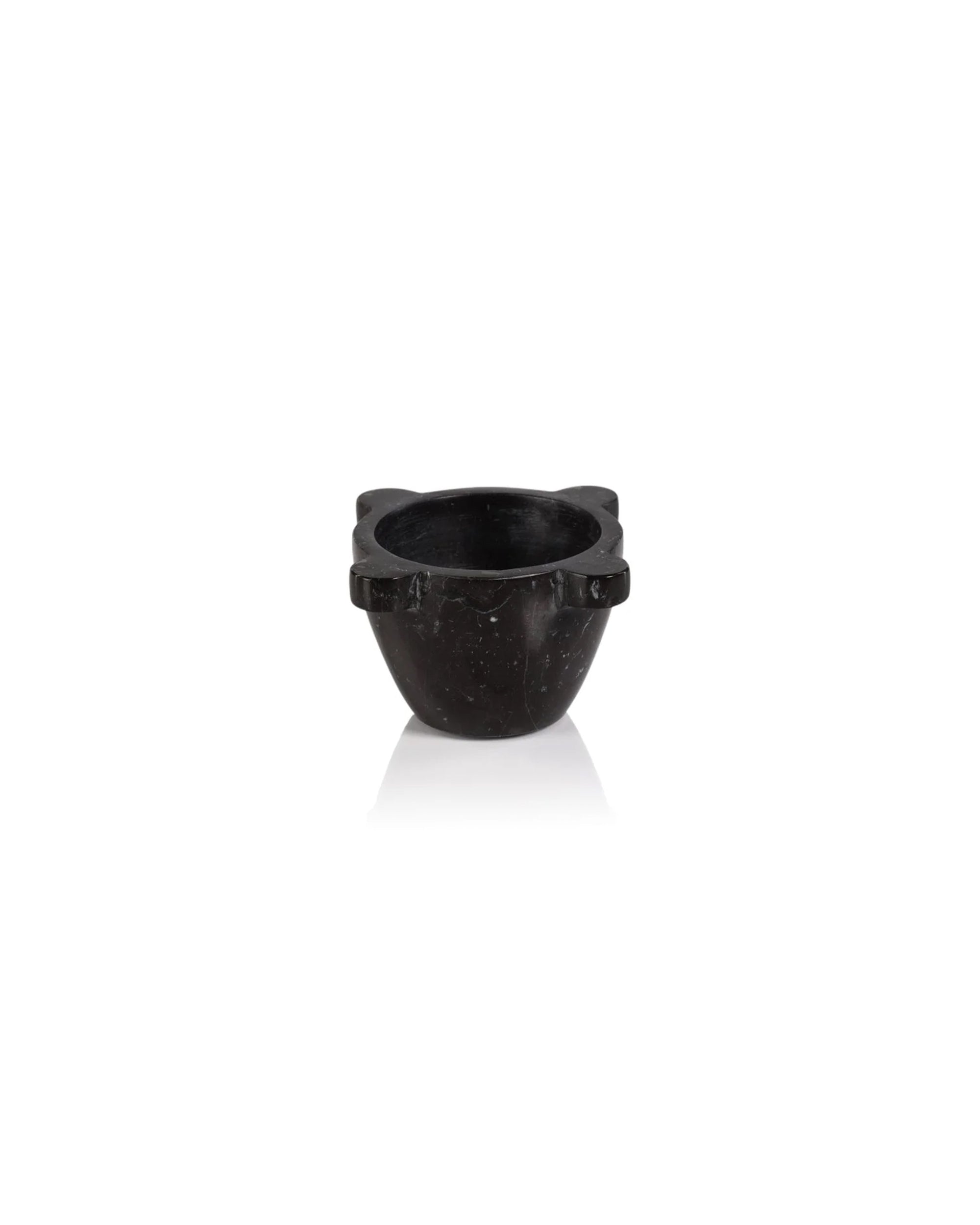 The Zodax IN-7912 Mortar Bowl is a small, round black marble mortar with three tab-like handles—ideal as a versatile kitchen tool or an elegant condiment bowl, shown front-facing against a white background.