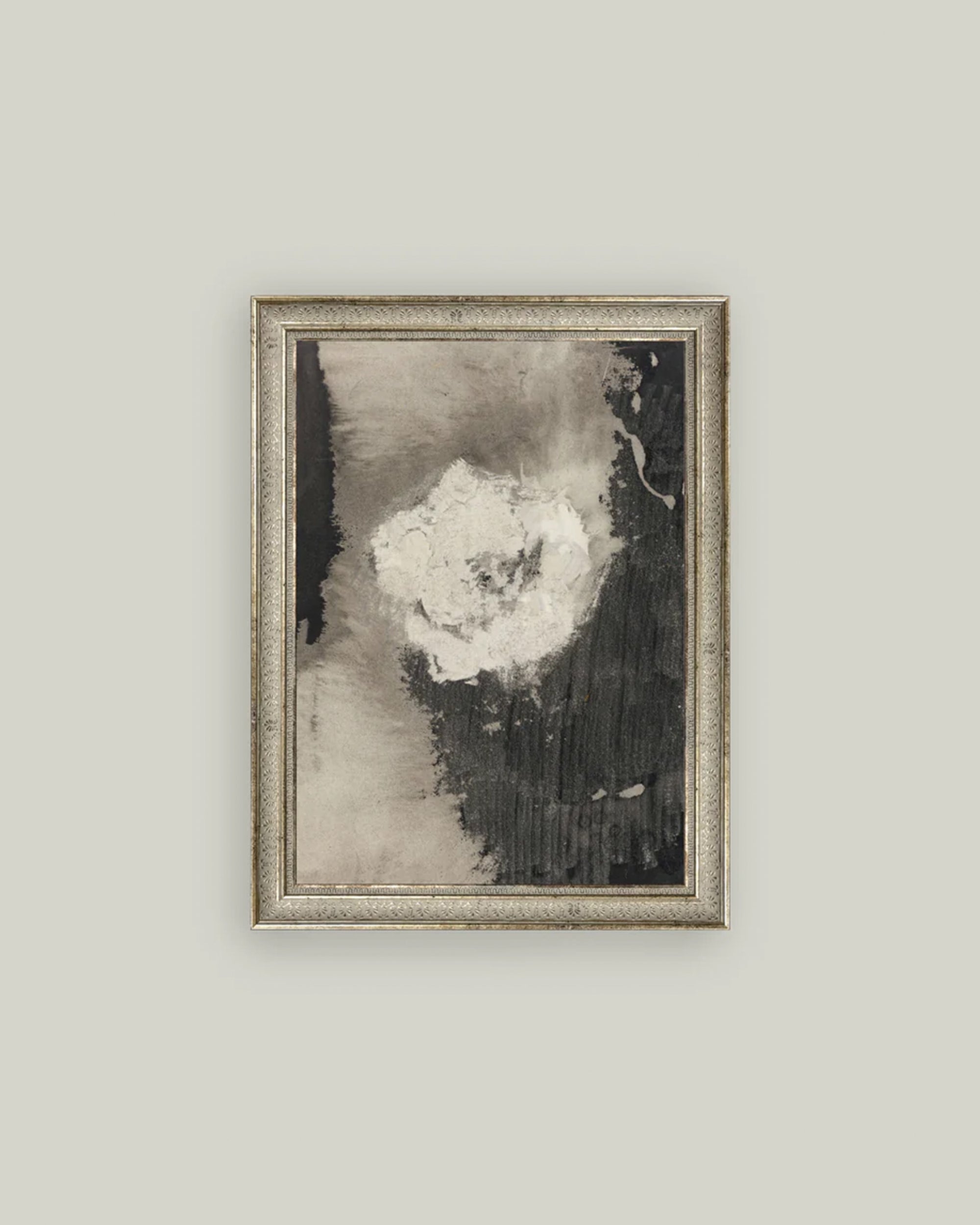 Bloem Art by Petal Lane Home is a framed abstract painting featuring a cloud-like white center with dark textured gray and black shades on a light background in an ornate metallic 12x16in frame.