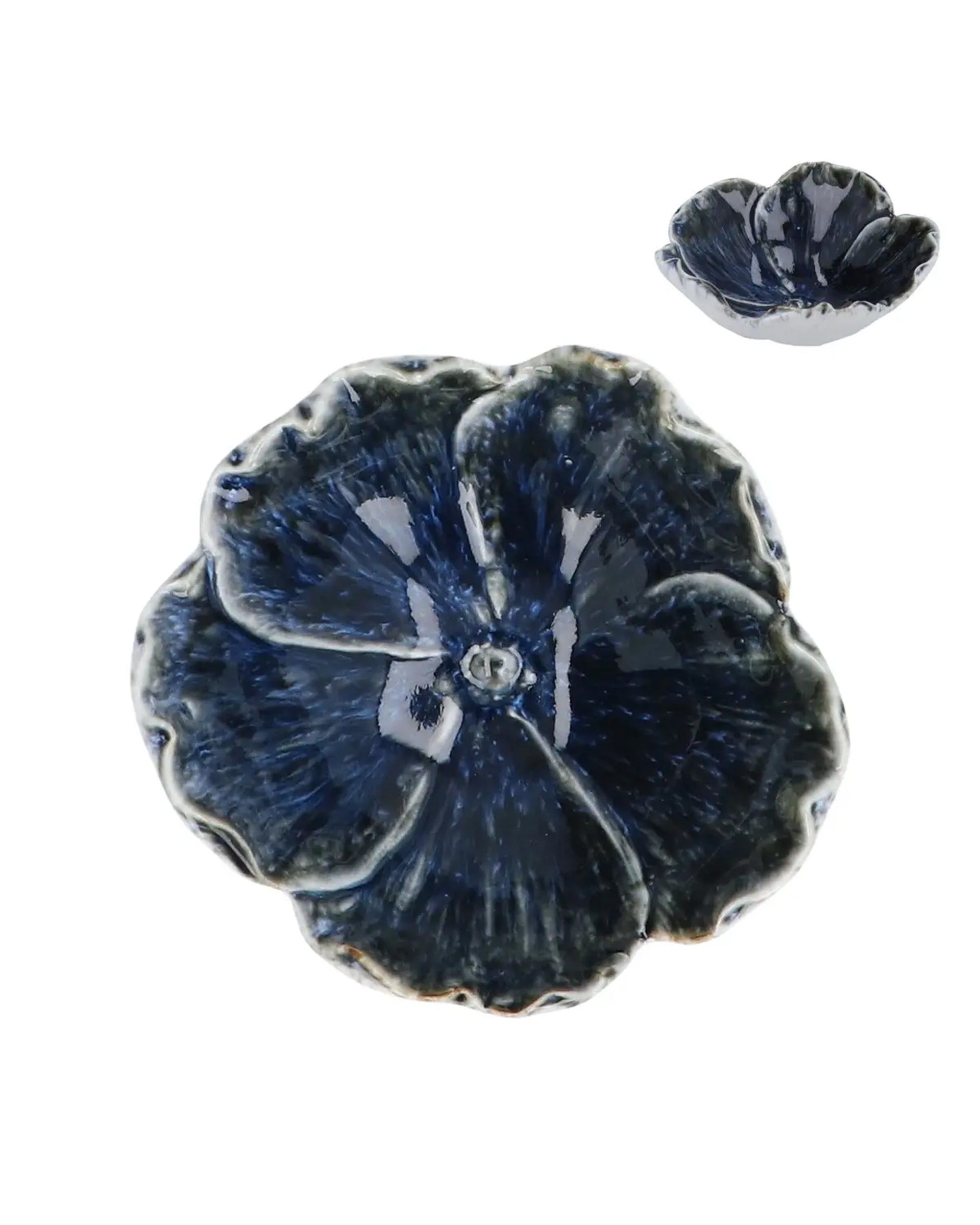Pair of blue stoneware anemone trinket dishes by Faire on white, perfect for organizing jewelry or small items.