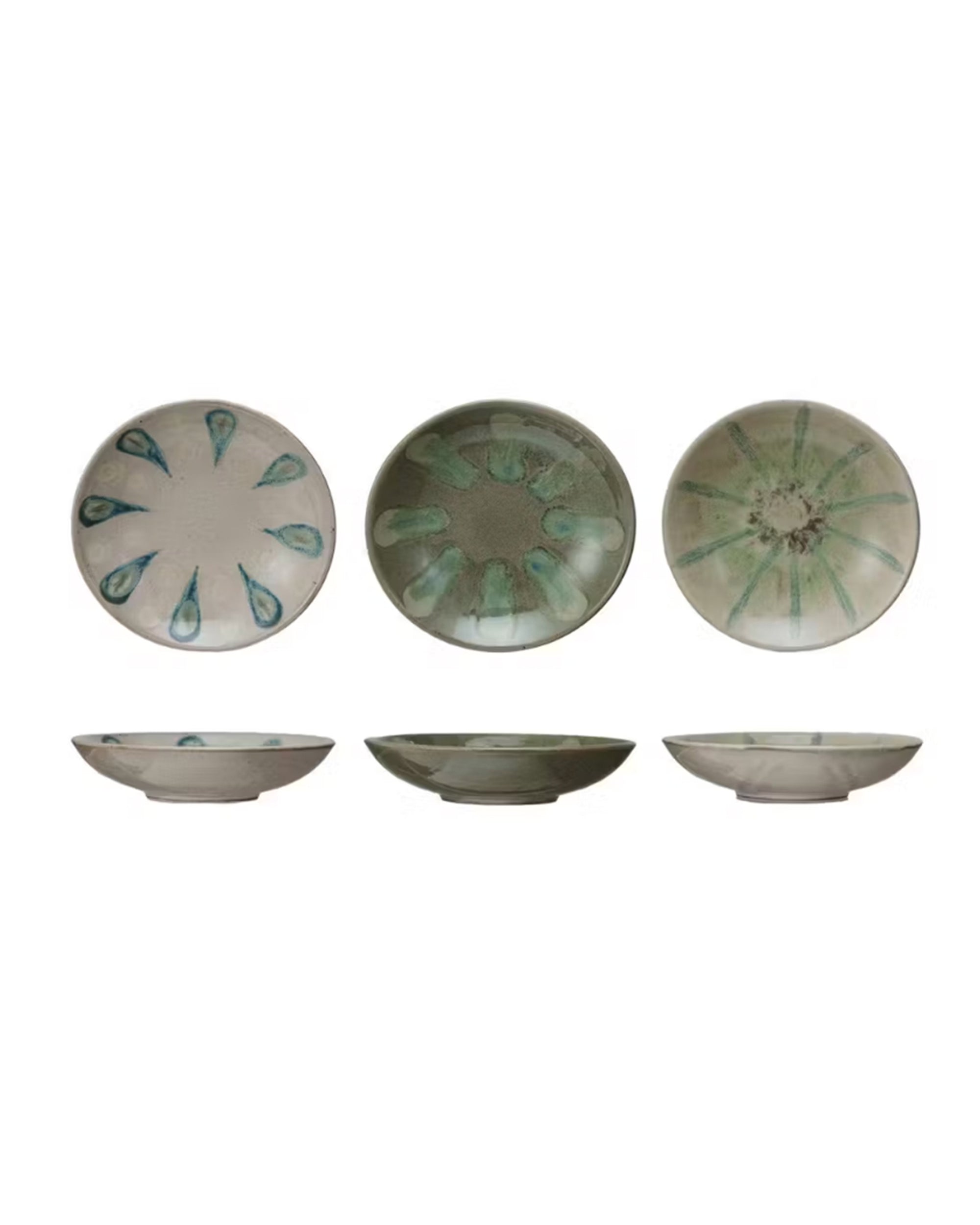 Set of three Creative Co-op Low Bowl Blue Green stoneware plates in assorted green and blue abstract styles, shown from top and side views against a white background. Each plate varies in size.