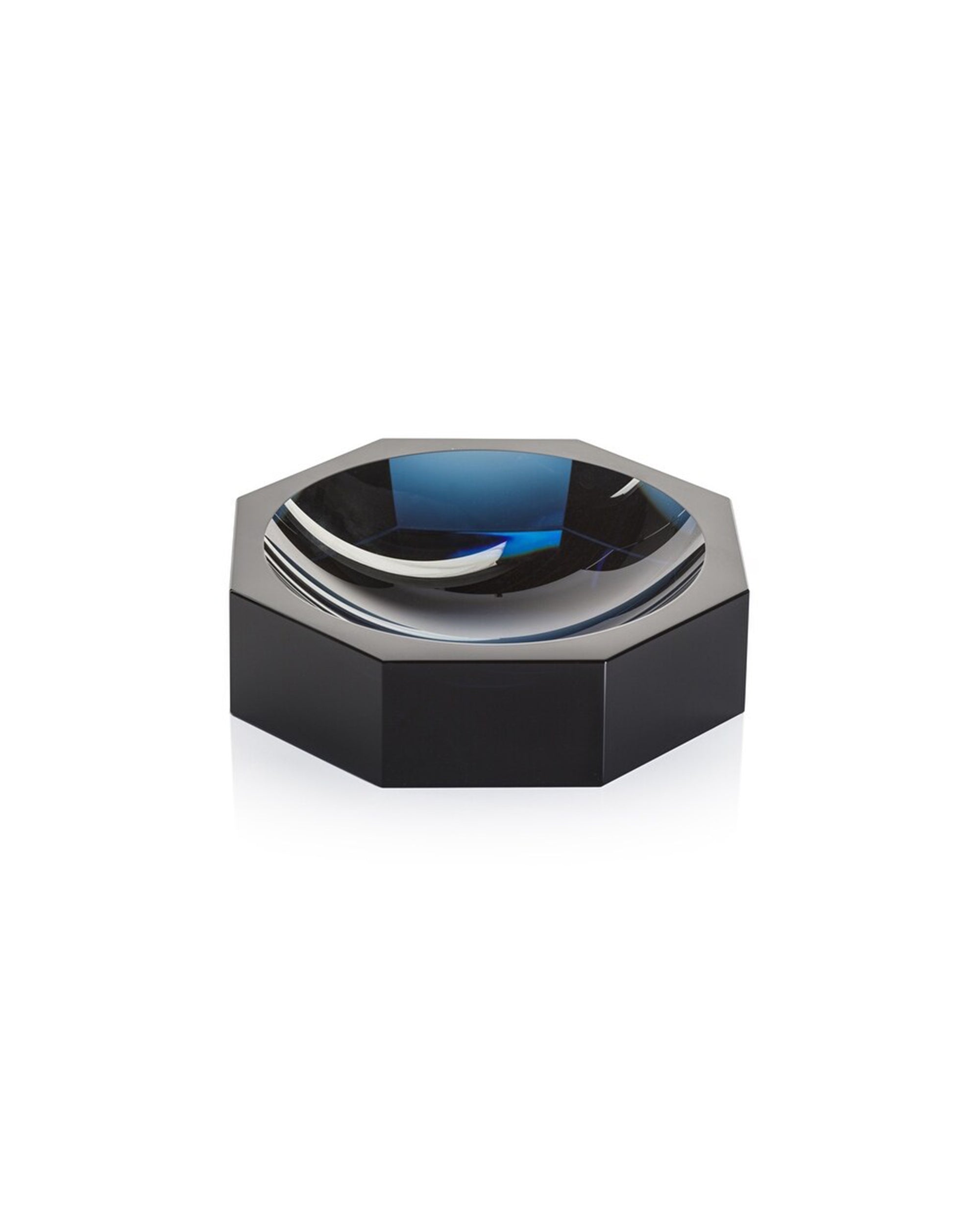 The Zodax CH-7452 Crystal Octagon Bowl is a modern, black faceted bowl with a glossy finish and reflective blue interior, shown against a plain white background.
