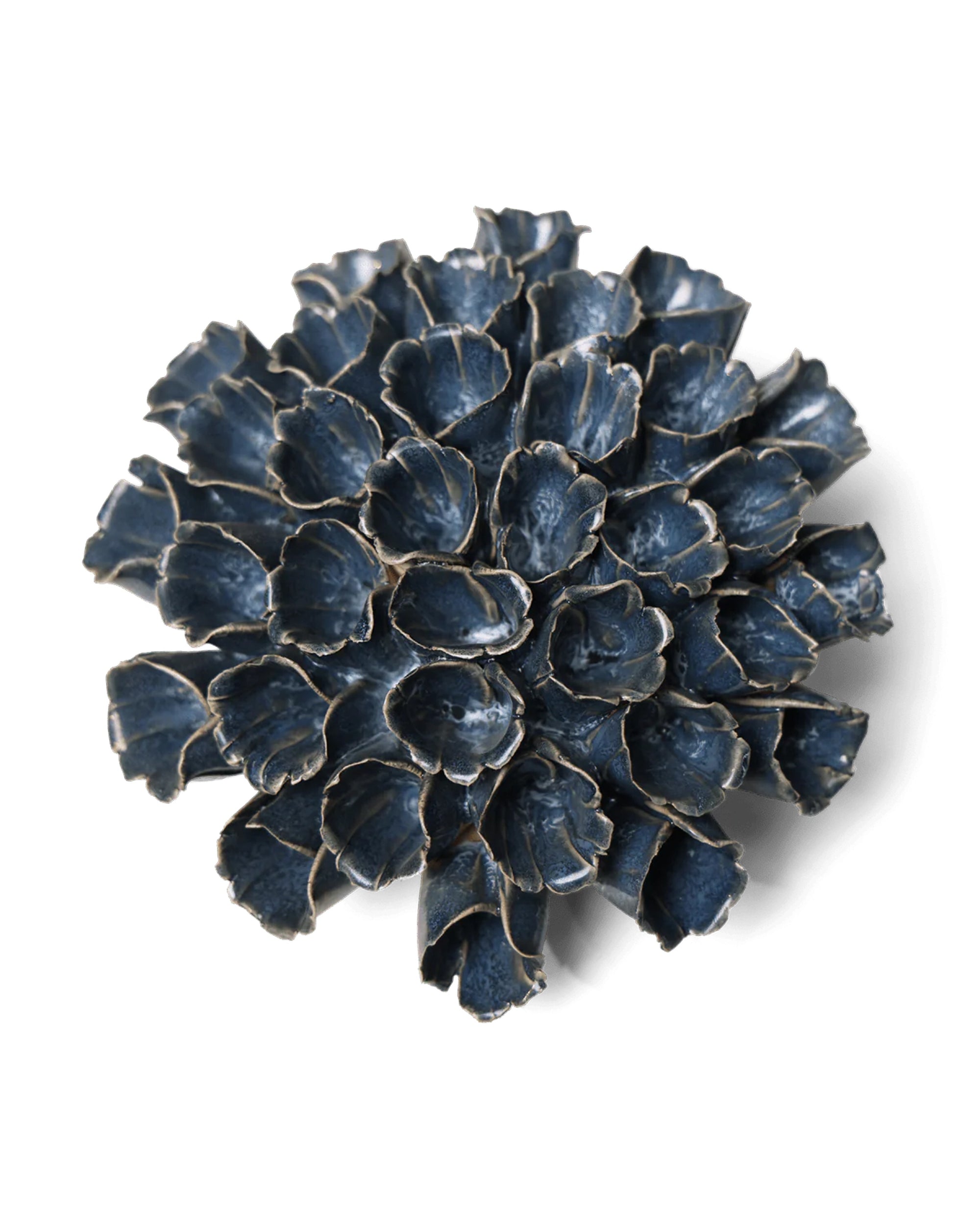 The Sea Polyp Large Blue Grey by Chive Ceramics (via Faire) is a round, blue-grey ceramic piece with petal-like layers resembling a blooming flower—perfect handmade pottery for plant wall decor, shown on a white background.