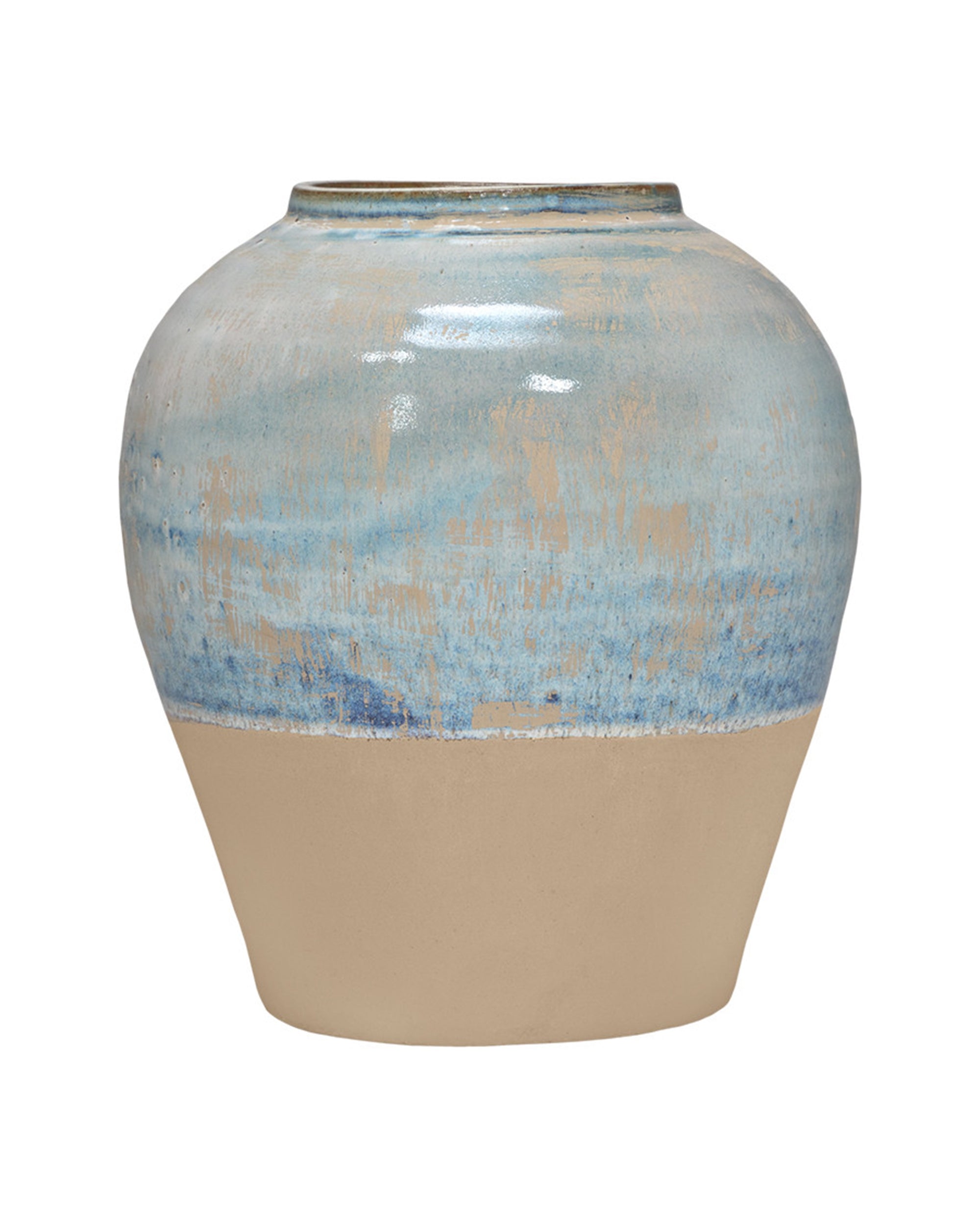 The Import Collection 38-434 Moroson Vase is a ceramic table vase with a round body and narrow opening, featuring a glossy blue and beige top blending into a matte beige base for a simple modern look.