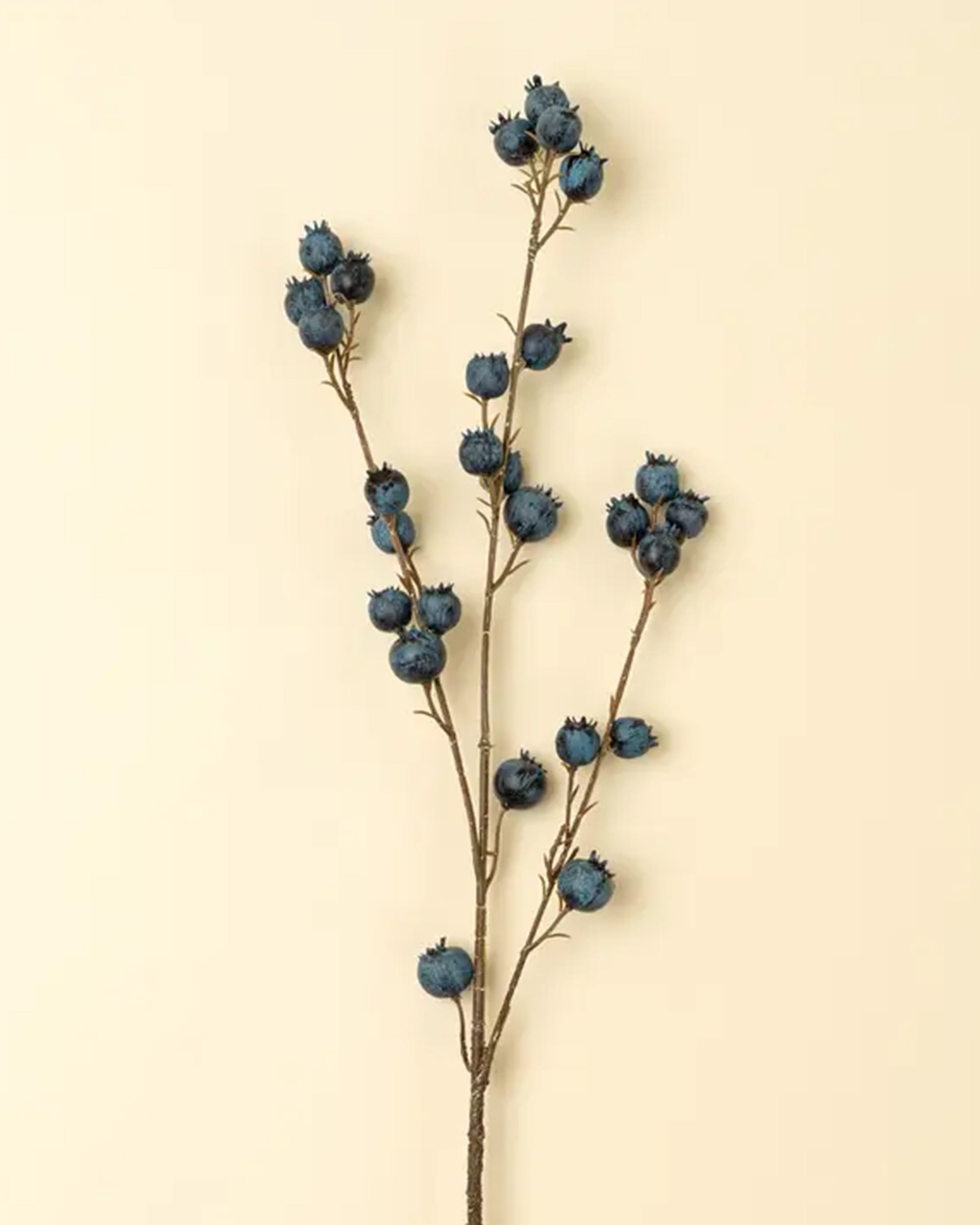 The Indaba Blueberry Branch features multiple stems with clusters of dried blue berries, set against a beige background—ideal as accent decor or combined with faux flowers.