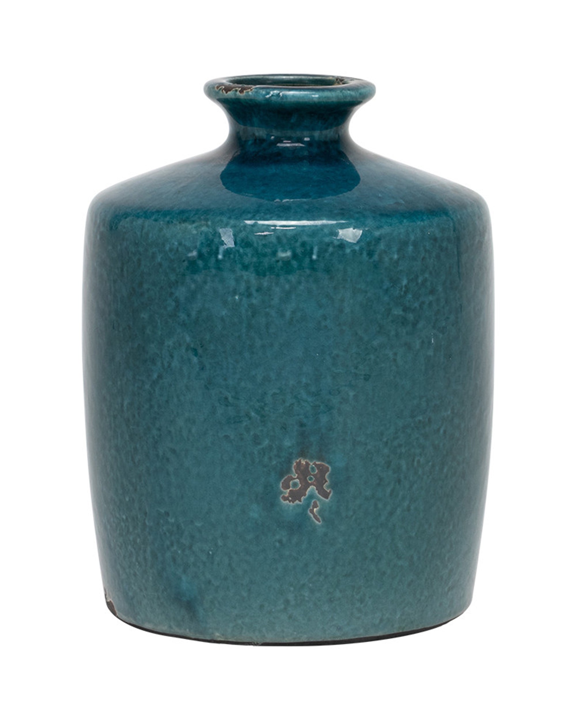 The Import Collection's Newton Short Vase is a small, cylindrical clay vase with a short neck, wide rounded body, and mottled teal glaze featuring a beige spot near the center.